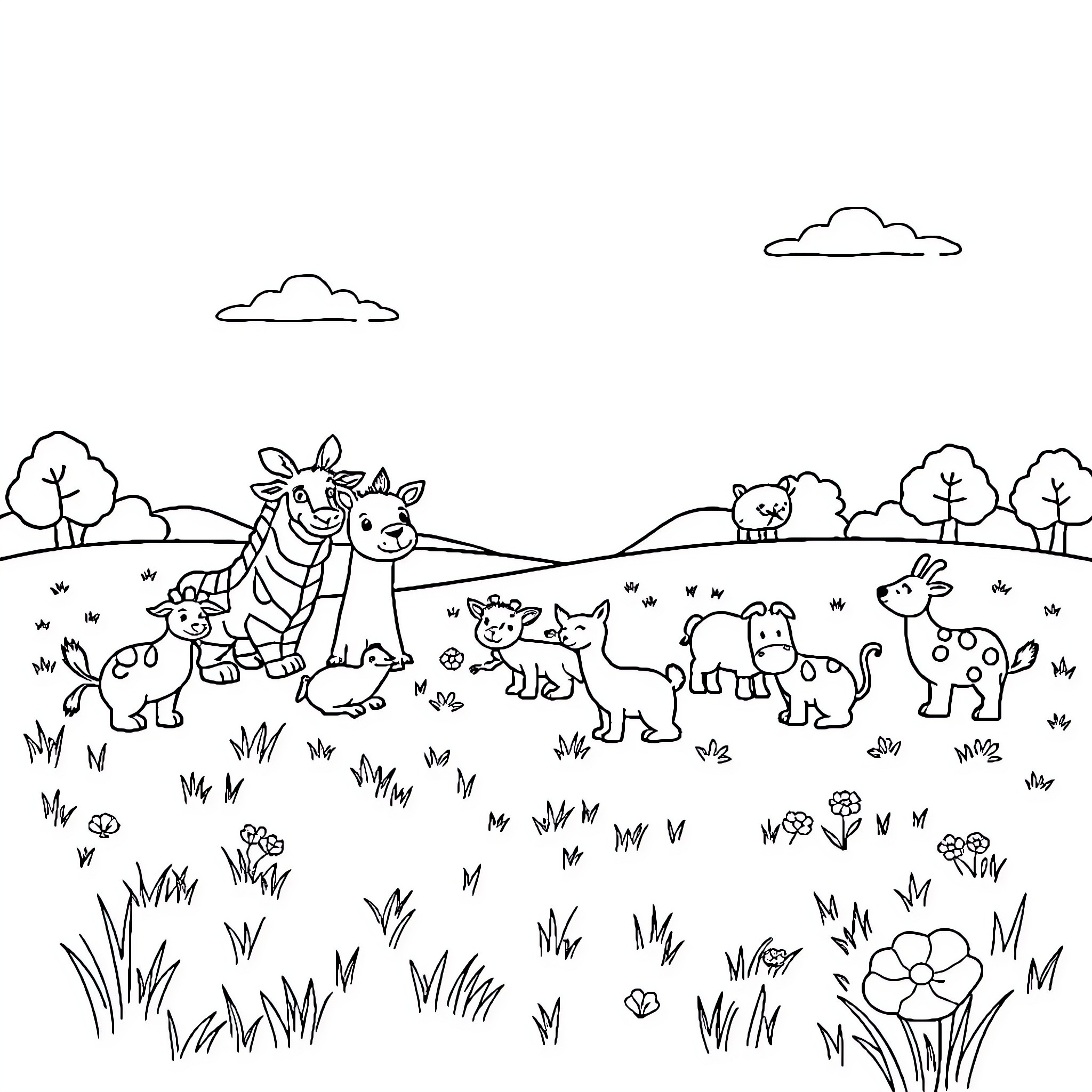 Animal friends exploring the grassy meadow Coloring Page (free black-and-white line drawing printable PDF for all, from beginners to advanced learners, including children, teens, adults, and seniors)