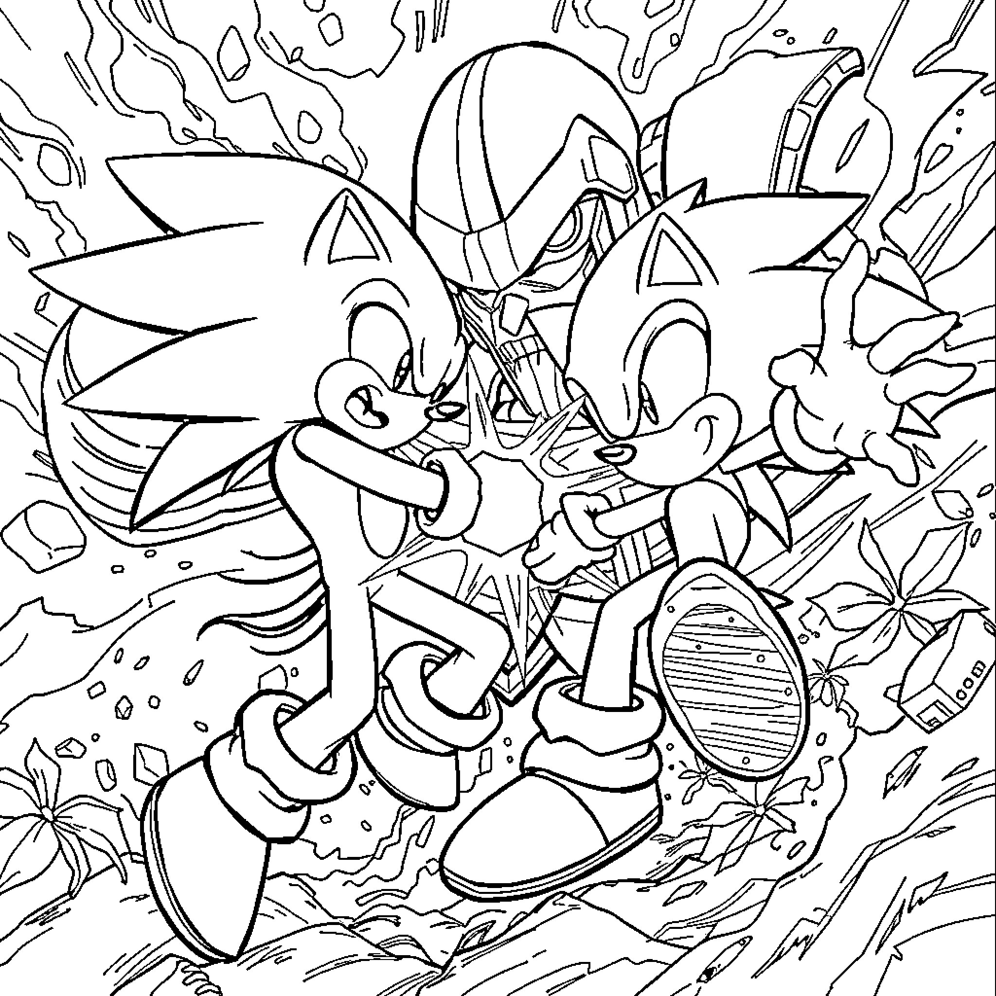 Sonic engaged in a chaotic adventure Coloring Page (free black-and-white line drawing printable PDF for all, from beginners to advanced learners, including children, teens, adults, and seniors)
