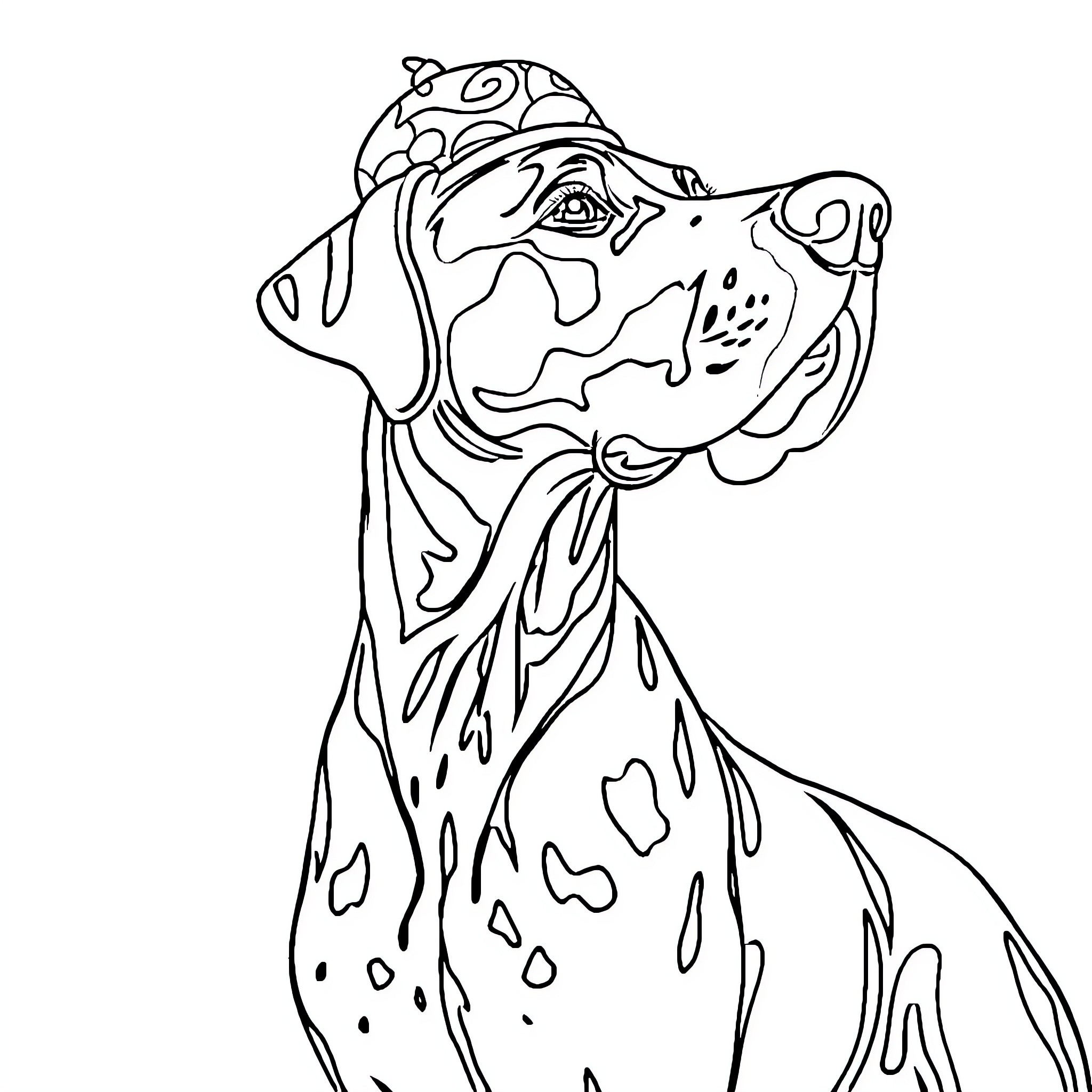 Great Dane wearing a decorative hat Coloring Page (free black-and-white line drawing printable PDF for all, from beginners to advanced learners, including children, teens, adults, and seniors)