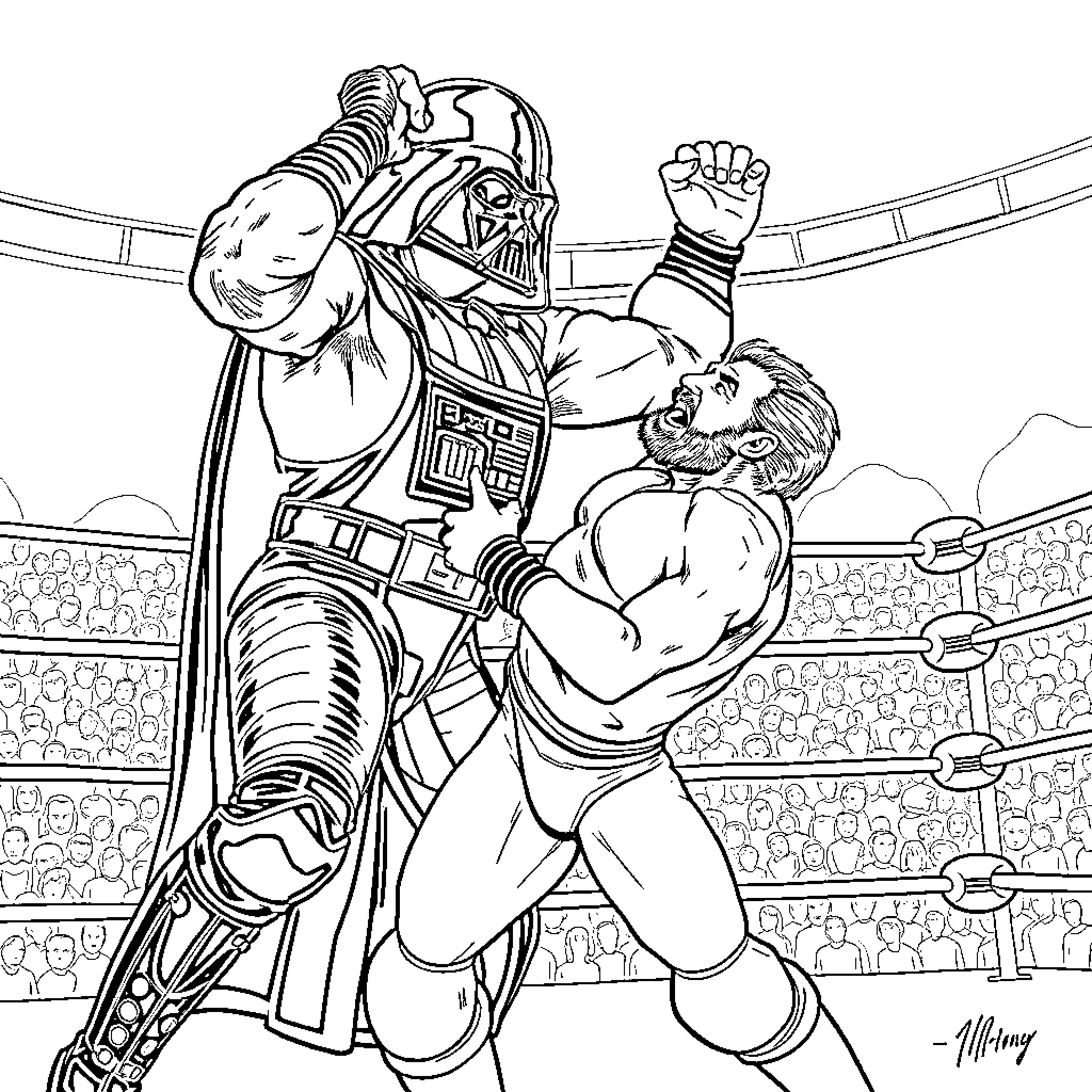 Vader's Powerful Clash with a Formidable Opponent Coloring Page (free black-and-white line drawing printable PDF for all, from beginners to advanced learners, including children, teens, adults, and seniors)