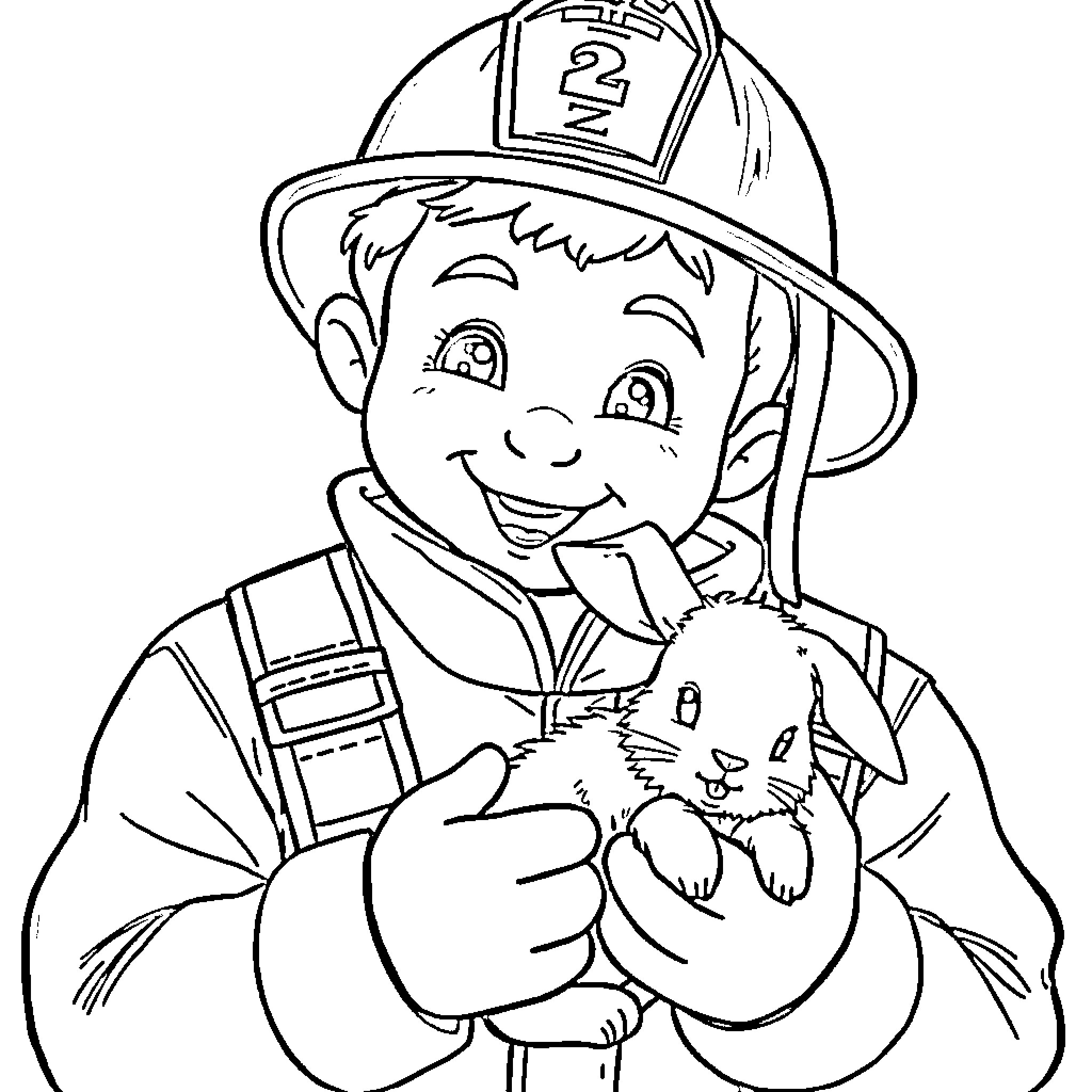 Firefighter rescues a kitten in distress Coloring Page (free black-and-white line drawing printable PDF for all, from beginners to advanced learners, including children, teens, adults, and seniors)