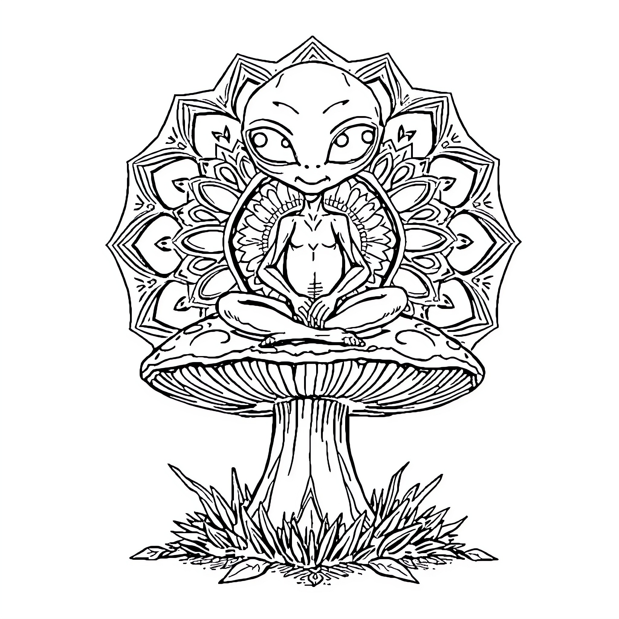 Alien creature in meditative pose on ornate mushroom Coloring Page (free black-and-white line drawing printable PDF for all, from beginners to advanced learners, including children, teens, adults, and seniors)