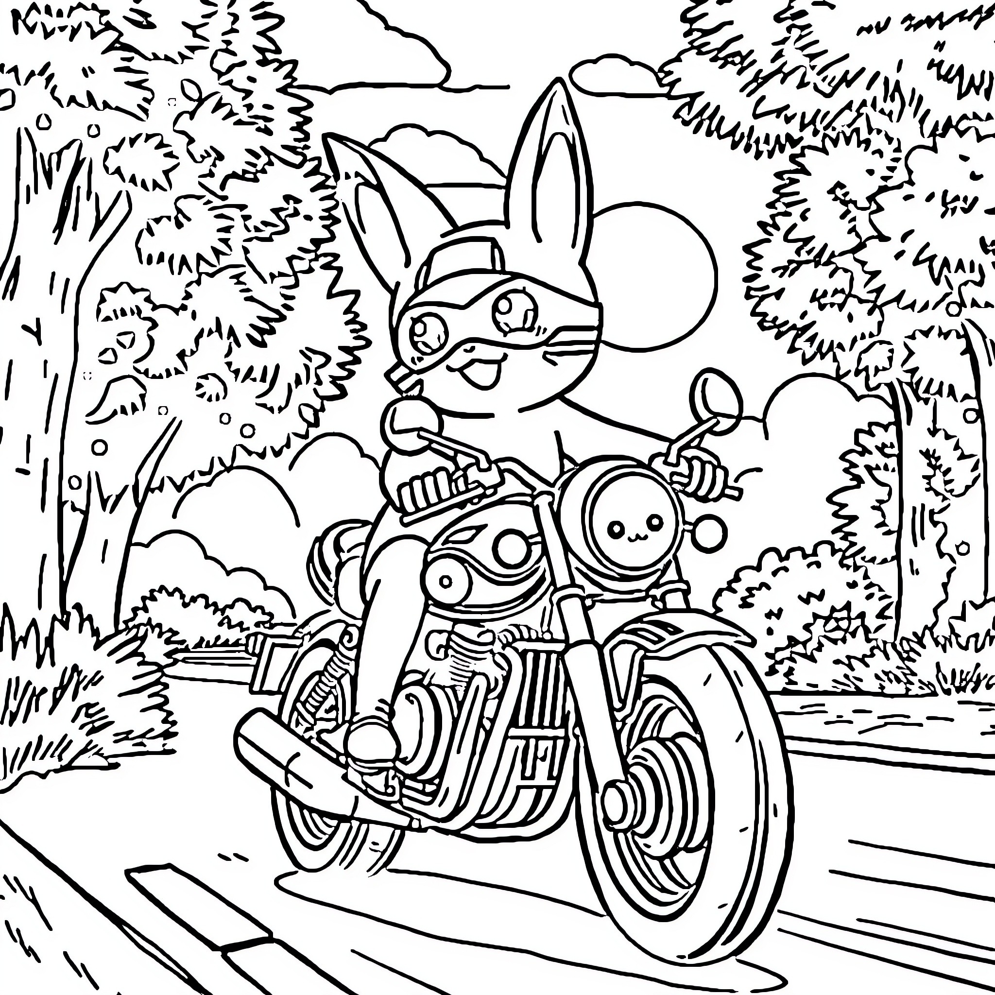 Pikapool's Adventurous Motorcycle Ride Coloring Page (free black-and-white line drawing printable PDF for all, from beginners to advanced learners, including children, teens, adults, and seniors)
