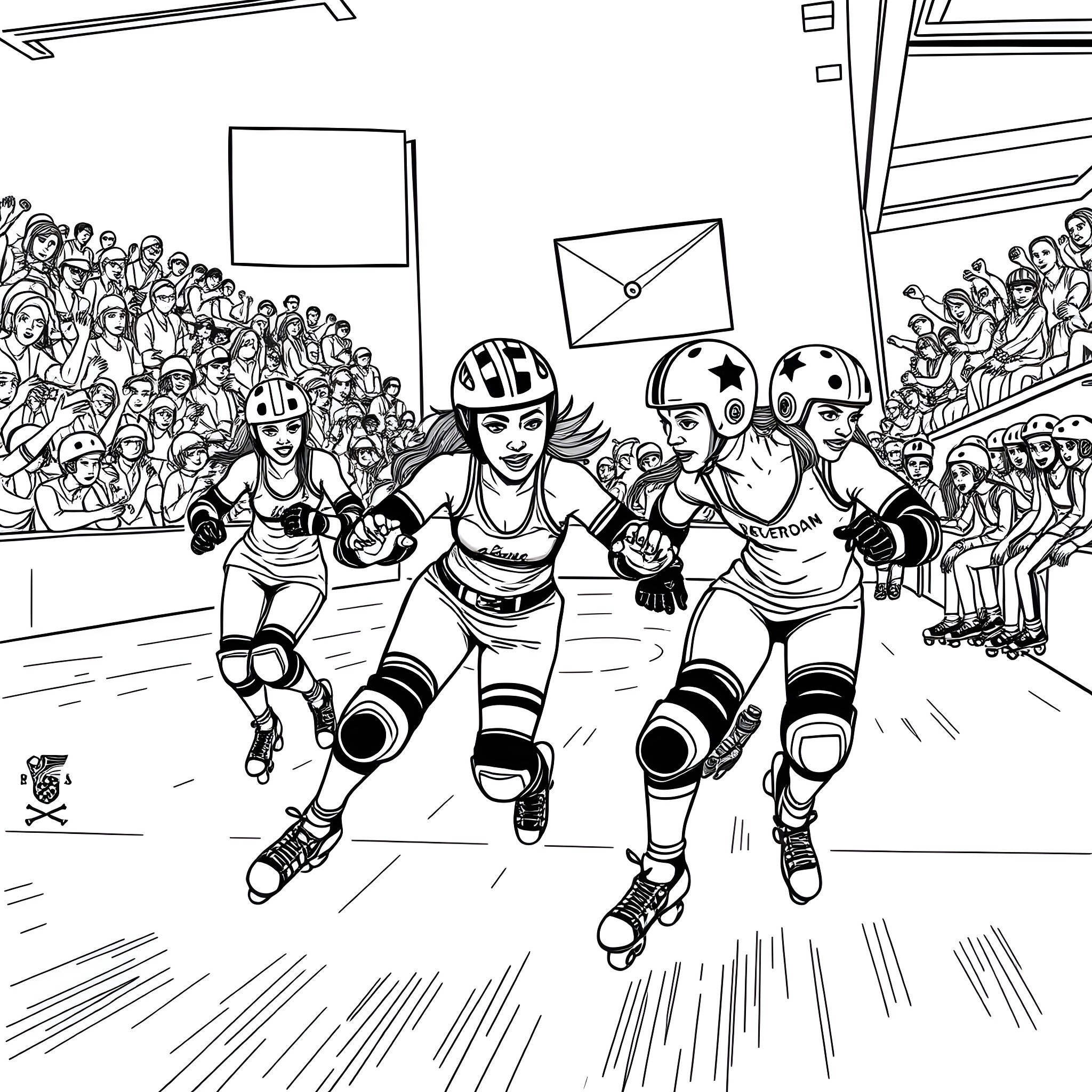 Roller Derby Skaters Competing in Intense Match Coloring Page (free black-and-white line drawing printable PDF for all, from beginners to advanced learners, including children, teens, adults, and seniors)