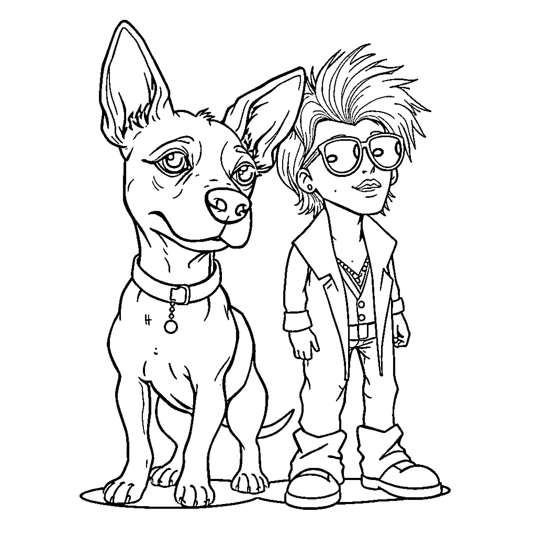 Dog and boy in whimsical attire Coloring Page (free black-and-white line drawing printable PDF for all, from beginners to advanced learners, including children, teens, adults, and seniors)