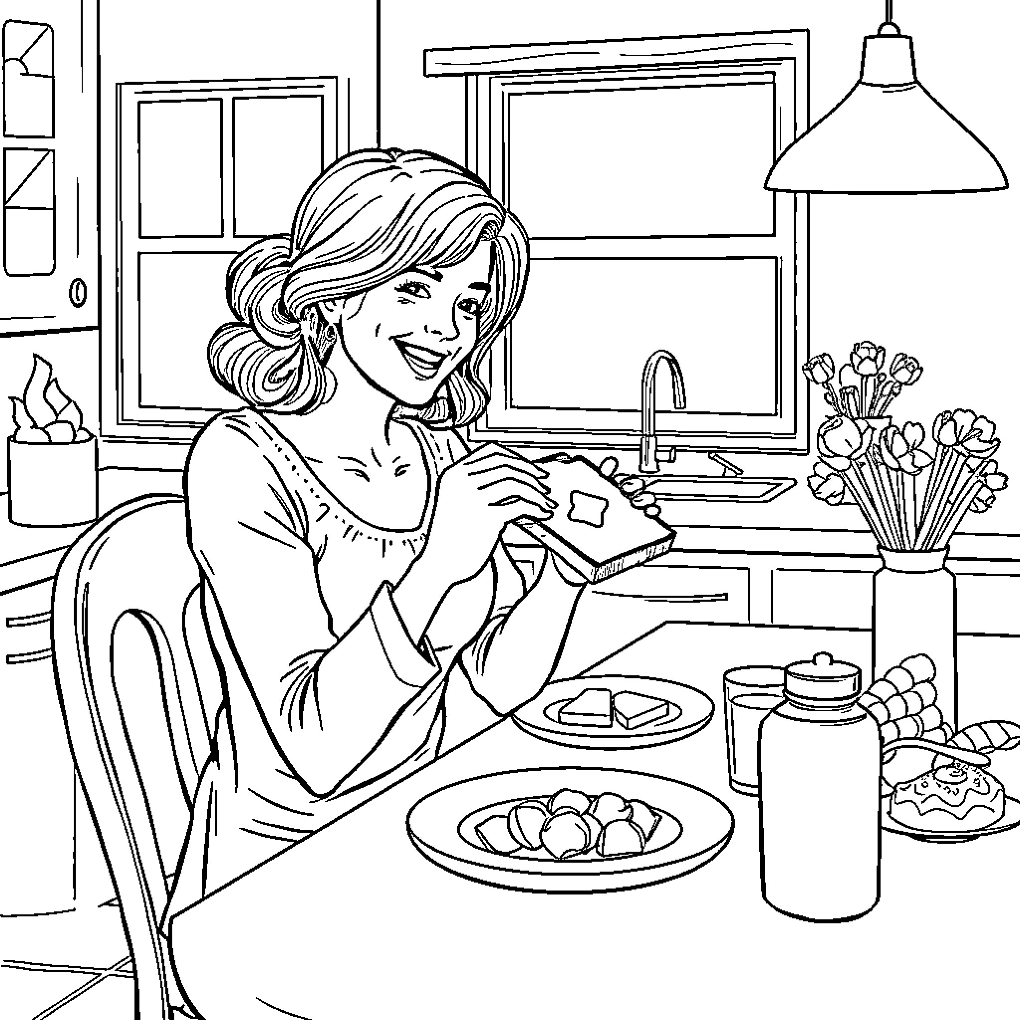Wife cooking a meal in the kitchen Coloring Page (free black-and-white line drawing printable PDF for all, from beginners to advanced learners, including children, teens, adults, and seniors)