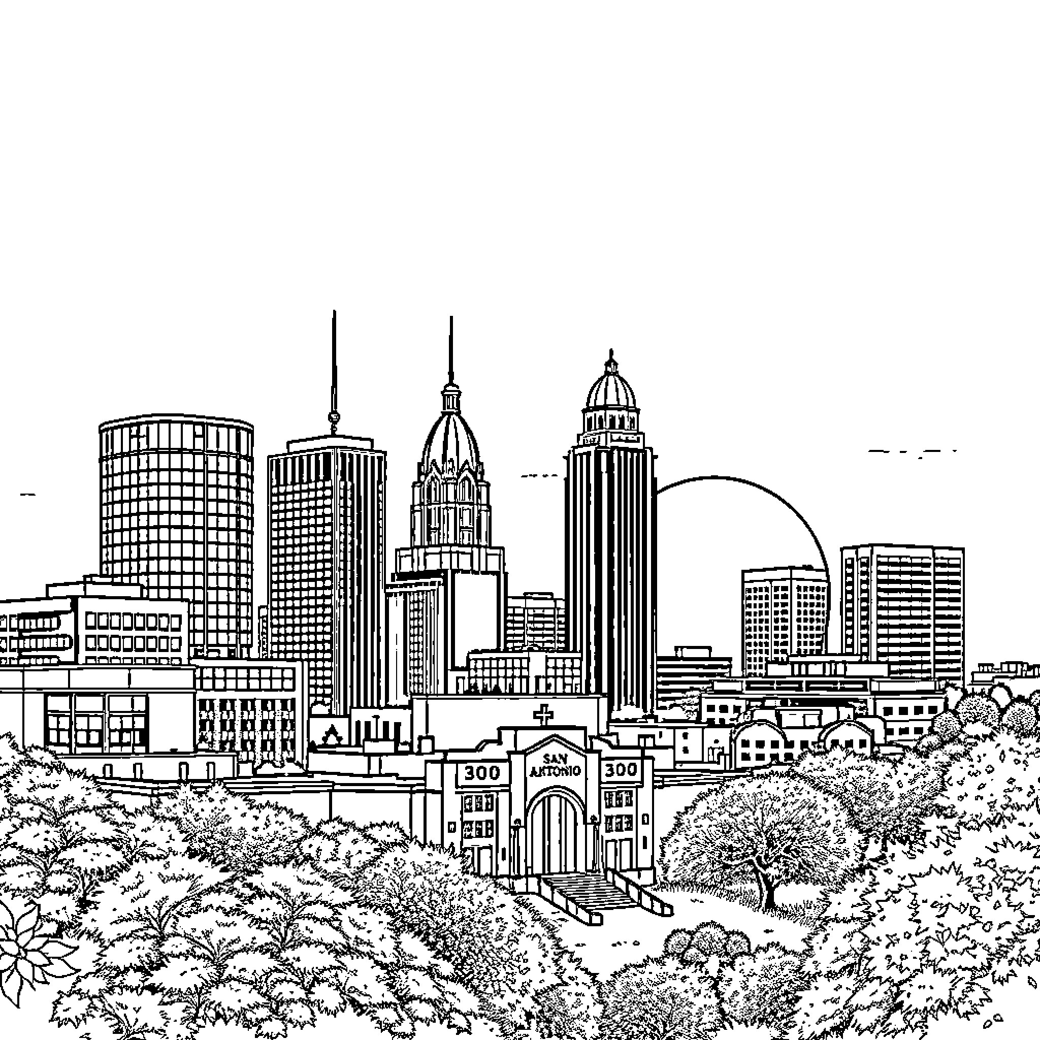 San Antonio skyline with iconic buildings and lush greenery Coloring Page (free black-and-white line drawing printable PDF for all, from beginners to advanced learners, including children, teens, adults, and seniors)