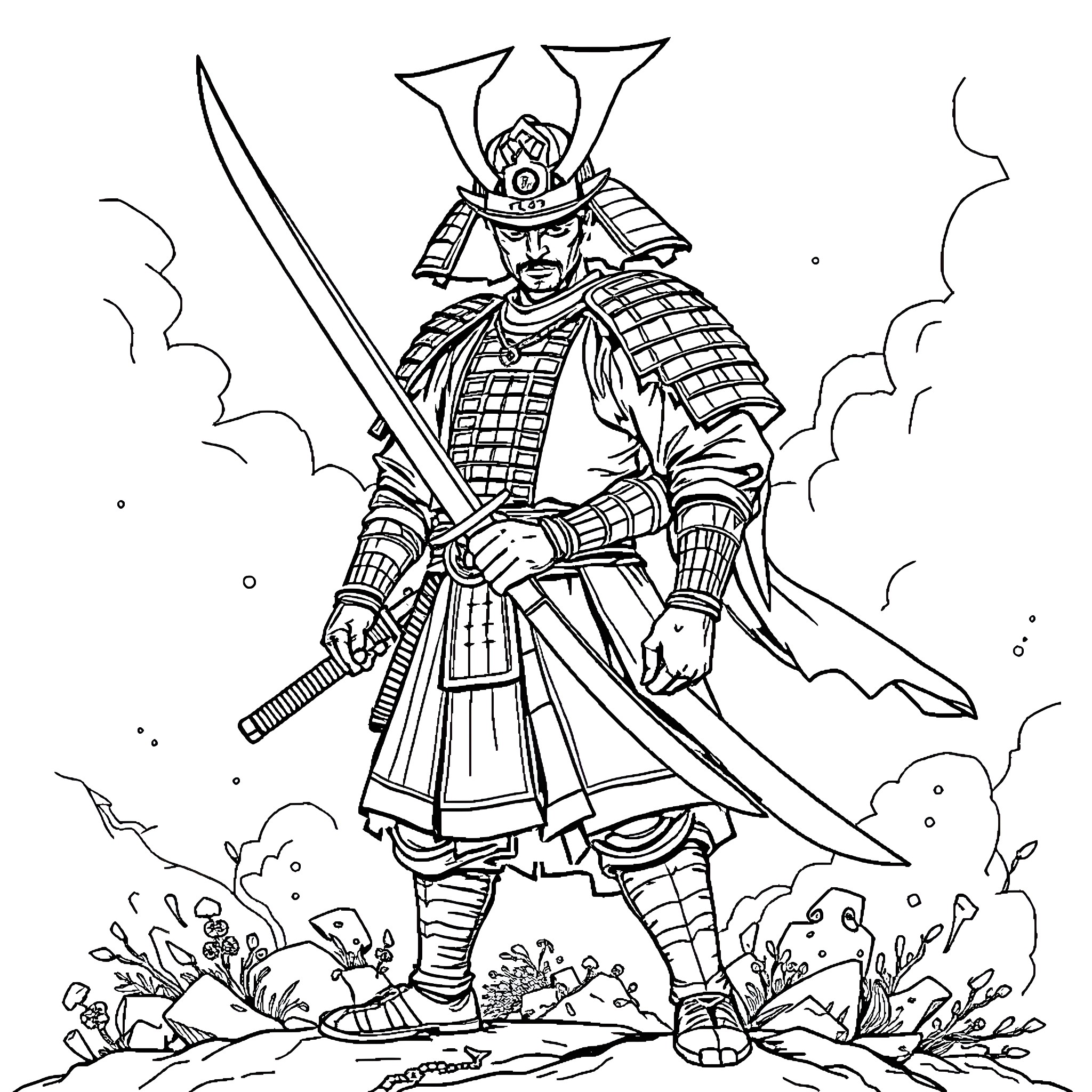 Samurai warrior in battle stance with sword and armor Coloring Page (free black-and-white line drawing printable PDF for all, from beginners to advanced learners, including children, teens, adults, and seniors)