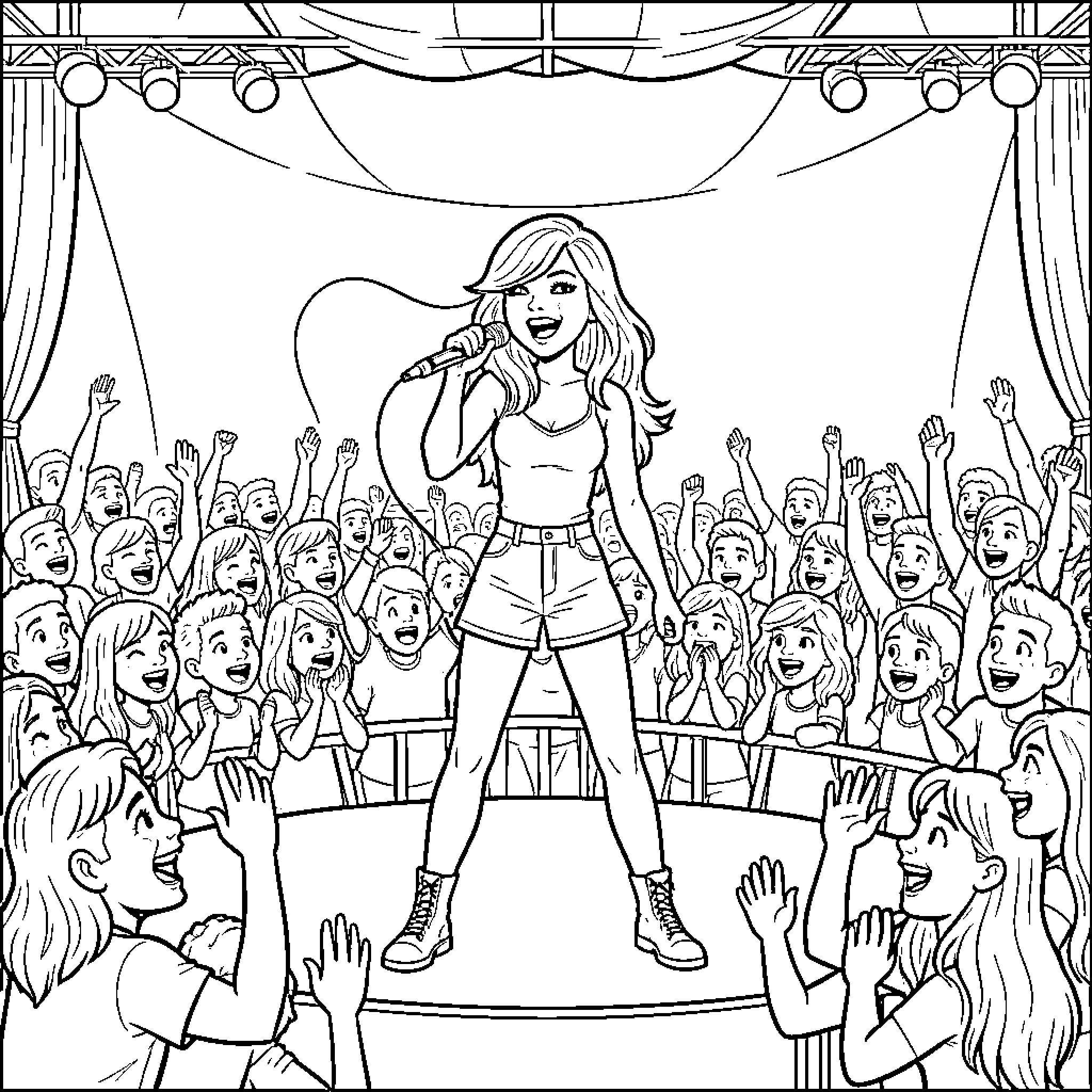Taylor Swift performing on stage for a cheering crowd Coloring Page (free black-and-white line drawing printable PDF for all, from beginners to advanced learners, including children, teens, adults, and seniors)