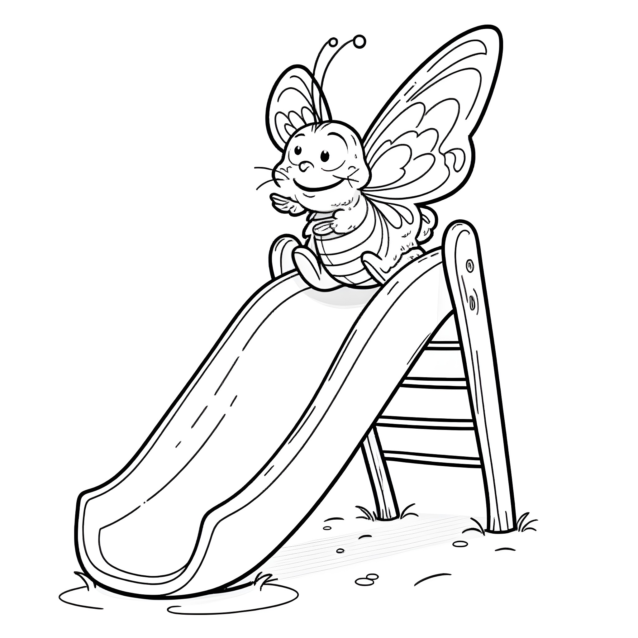 Butterfly sliding down a playground slide Coloring Page (free black-and-white line drawing printable PDF for all, from beginners to advanced learners, including children, teens, adults, and seniors)