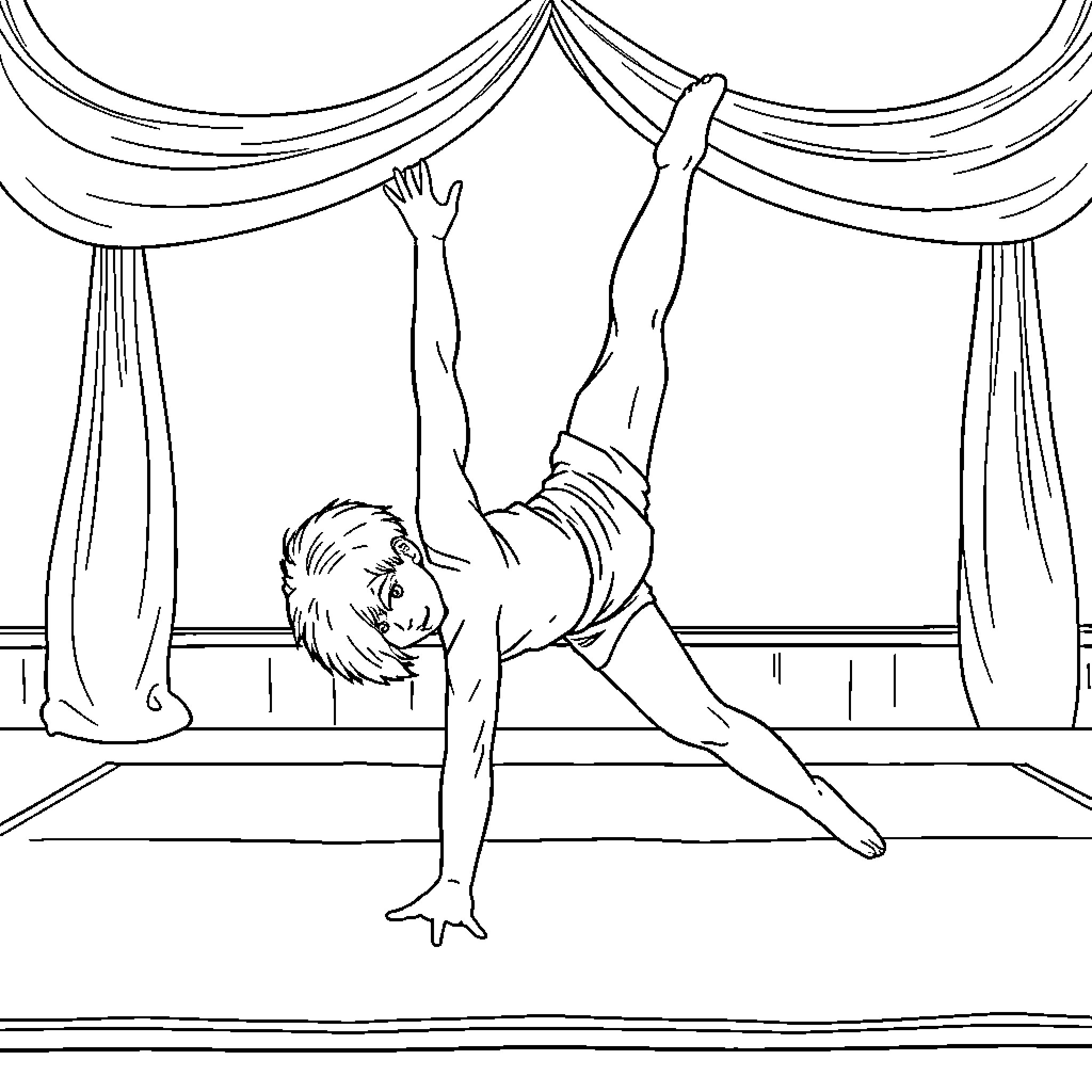 Boy performing acrobatic moves on stage Coloring Page (free black-and-white line drawing printable PDF for all, from beginners to advanced learners, including children, teens, adults, and seniors)
