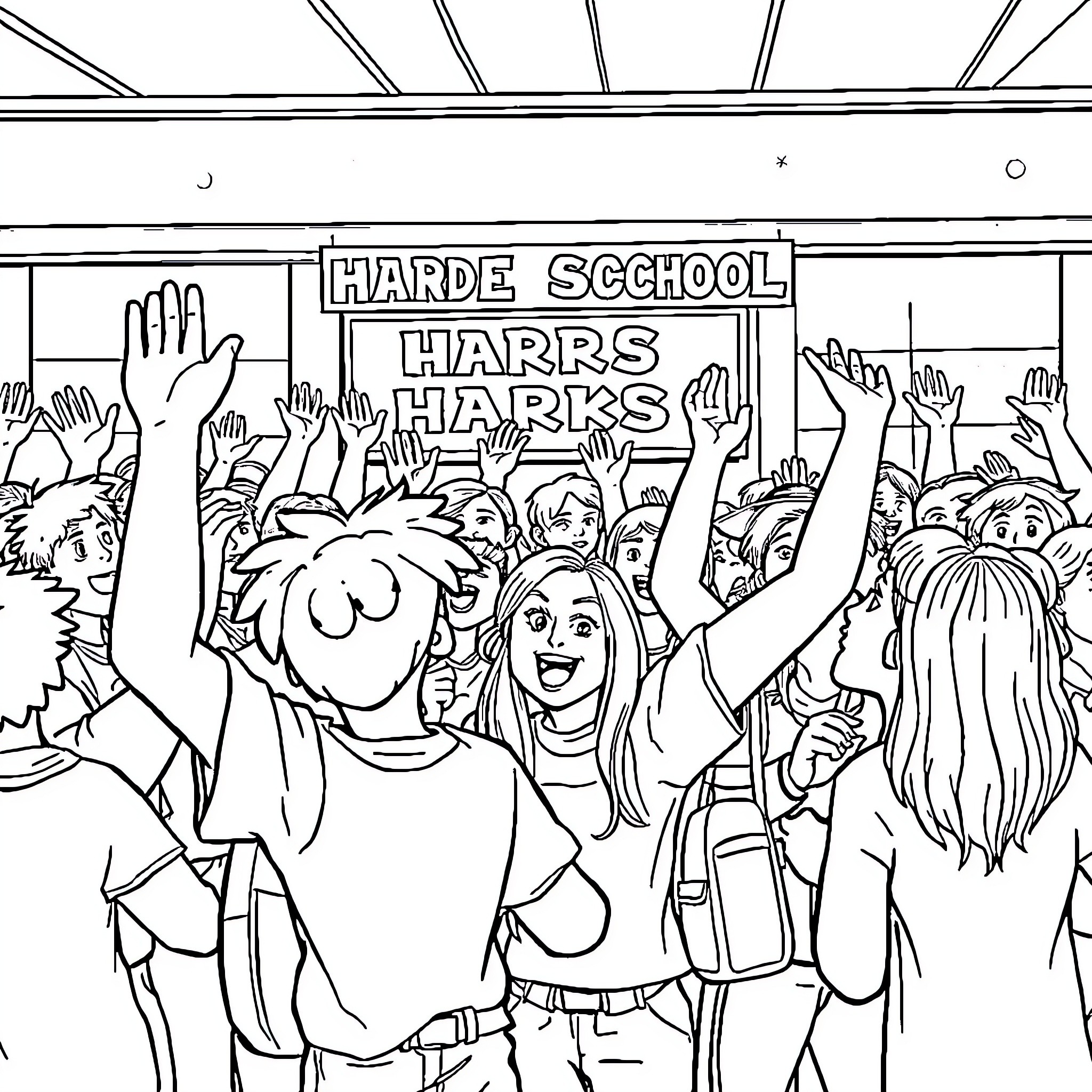 Hawk Celebrates at the School Pep Rally Coloring Page (free black-and-white line drawing printable PDF for all, from beginners to advanced learners, including children, teens, adults, and seniors)