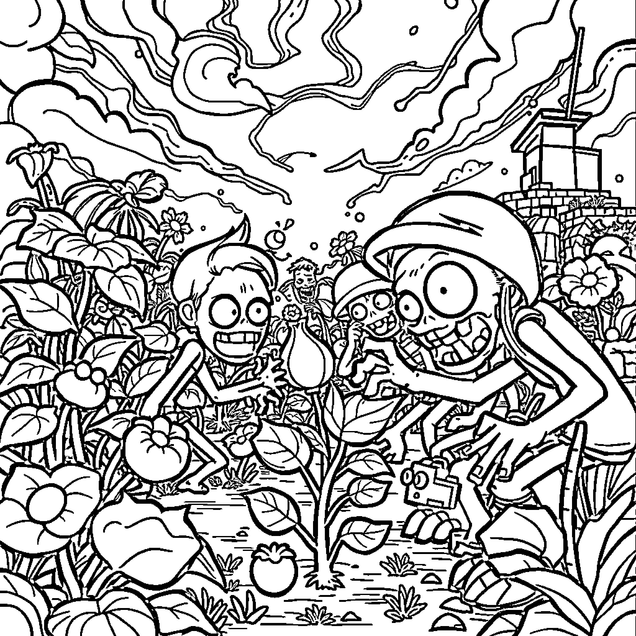 Plant creatures exploring in a whimsical landscape Coloring Page (free black-and-white line drawing printable PDF for all, from beginners to advanced learners, including children, teens, adults, and seniors)