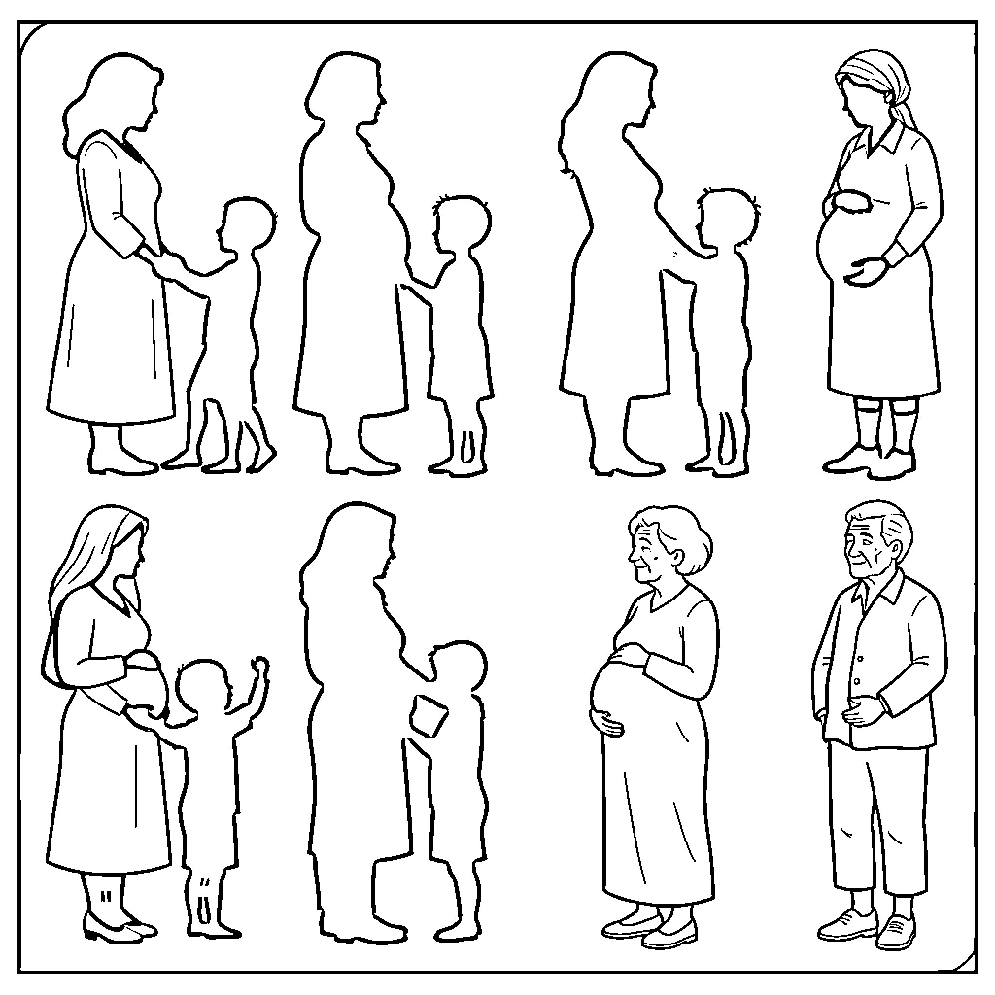 Silhouette of pregnant women interacting with young children Coloring Page (free black-and-white line drawing printable PDF for all, from beginners to advanced learners, including children, teens, adults, and seniors)