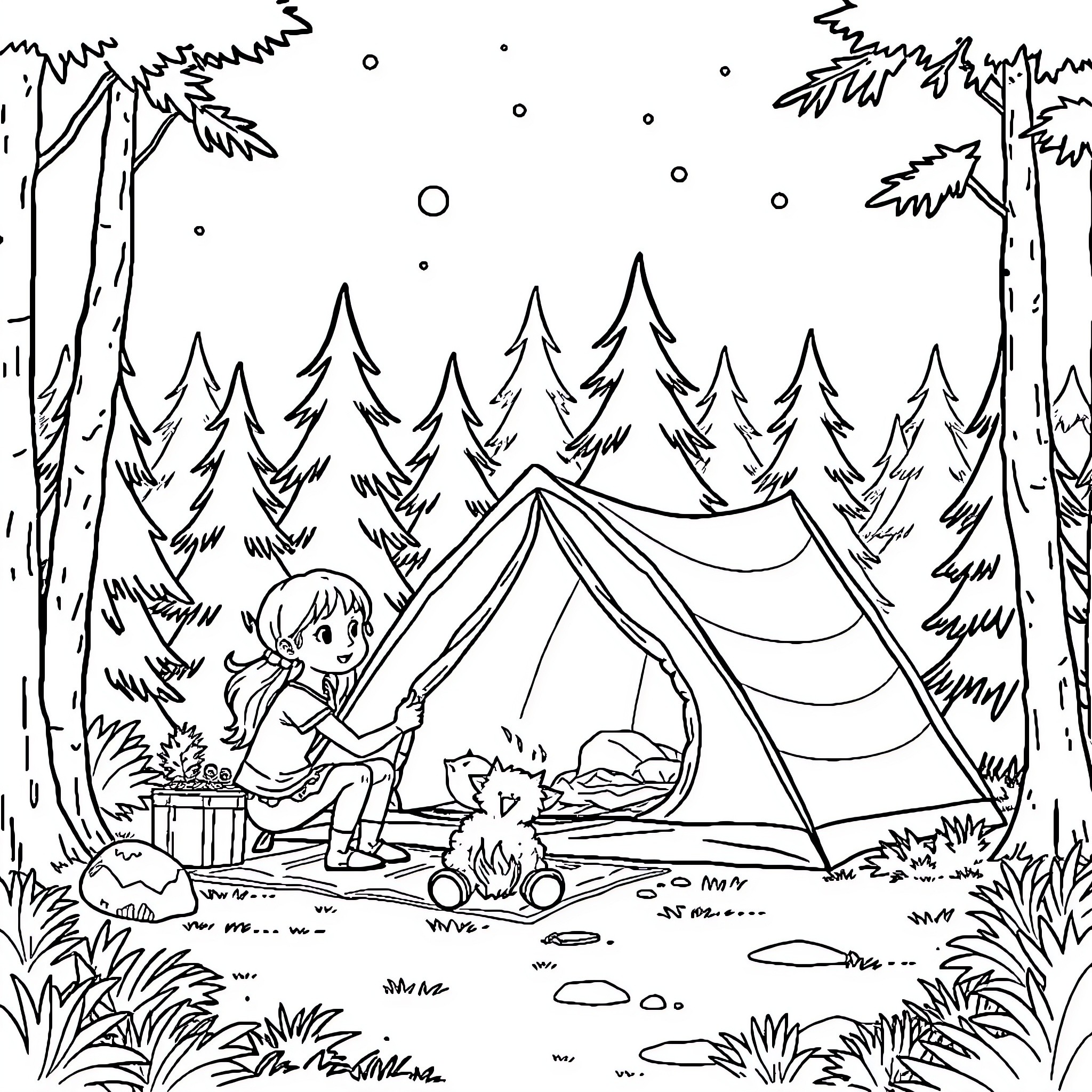 Camping in the peaceful forest Coloring Page (free black-and-white line drawing printable PDF for all, from beginners to advanced learners, including children, teens, adults, and seniors)