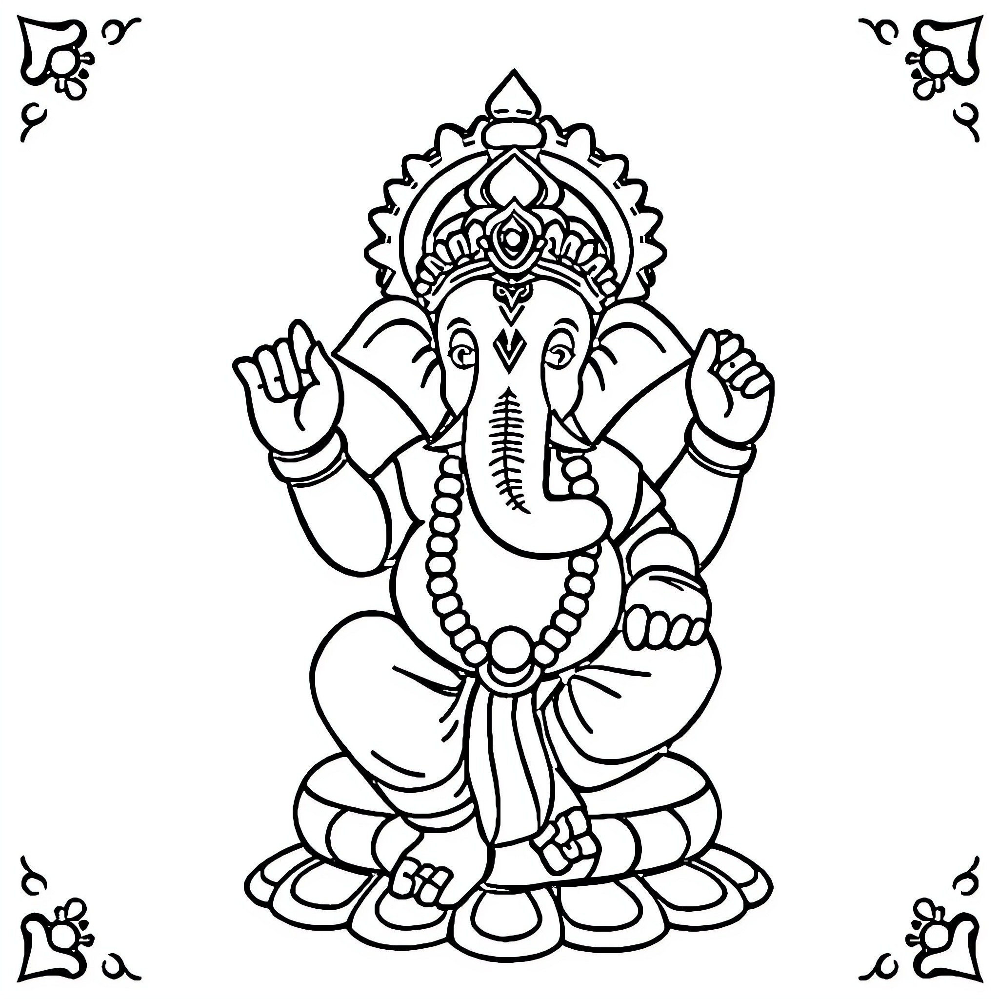 Ganpati the Remover of Obstacles in Contemplative Pose Coloring Page (free black-and-white line drawing printable PDF for all, from beginners to advanced learners, including children, teens, adults, and seniors)
