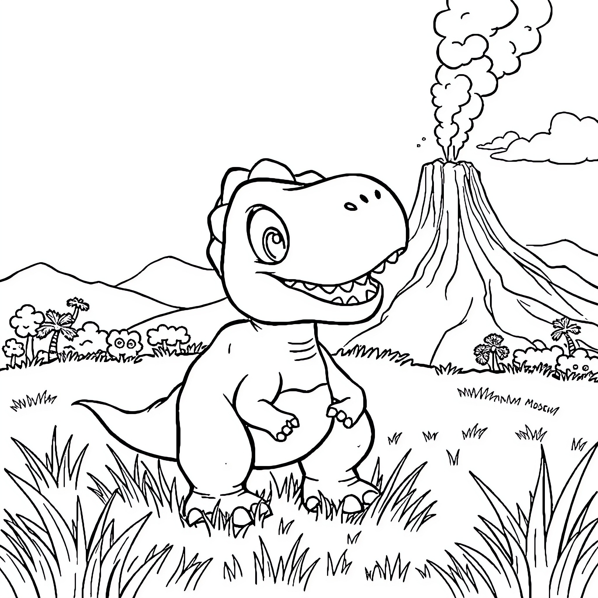 T-Rex Stomping Happily in Prehistoric Landscape Coloring Page (free black-and-white line drawing printable PDF for all, from beginners to advanced learners, including children, teens, adults, and seniors)