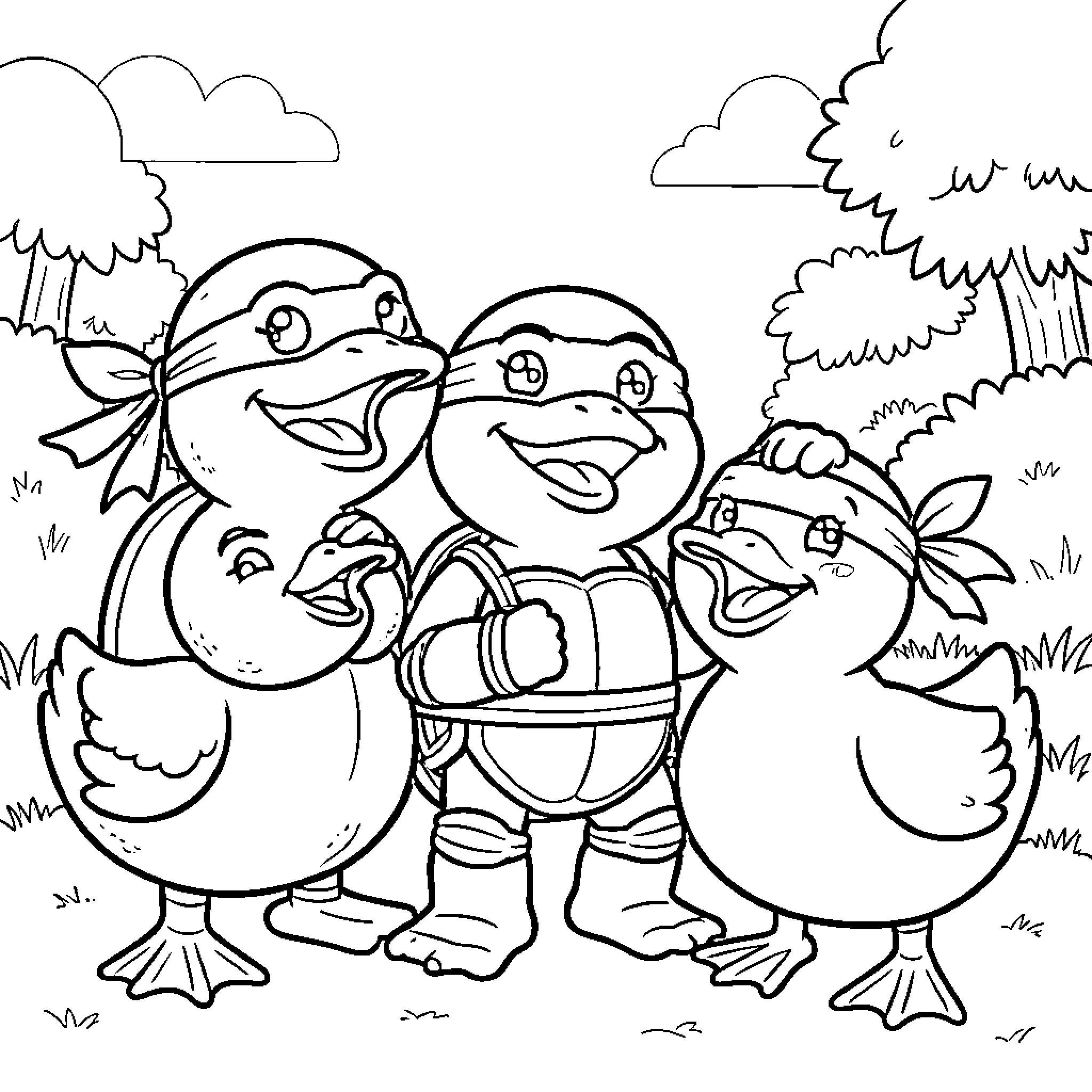 Ninja Turtle friends enjoying outdoor adventure Coloring Page (free black-and-white line drawing printable PDF for all, from beginners to advanced learners, including children, teens, adults, and seniors)