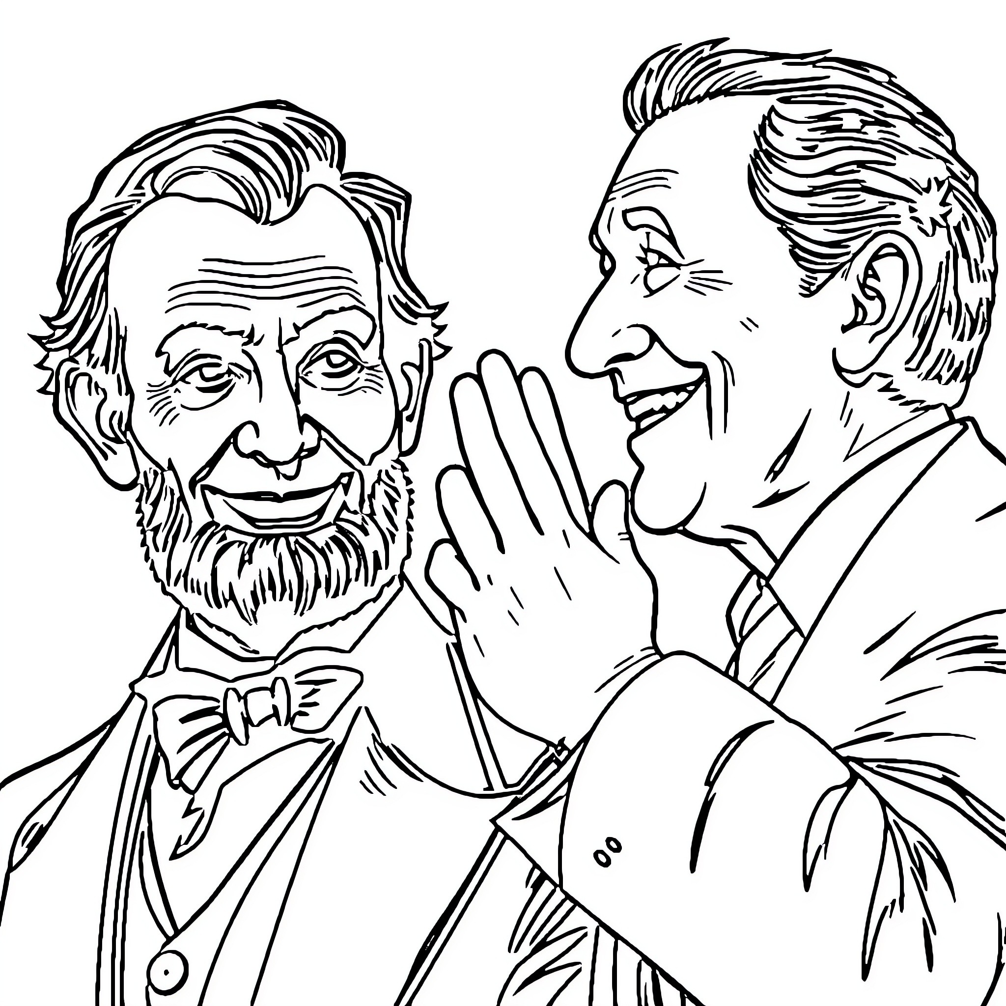 Abraham Lincoln's Jovial Expression and Lively Gestures Coloring Page (free black-and-white line drawing printable PDF for all, from beginners to advanced learners, including children, teens, adults, and seniors)