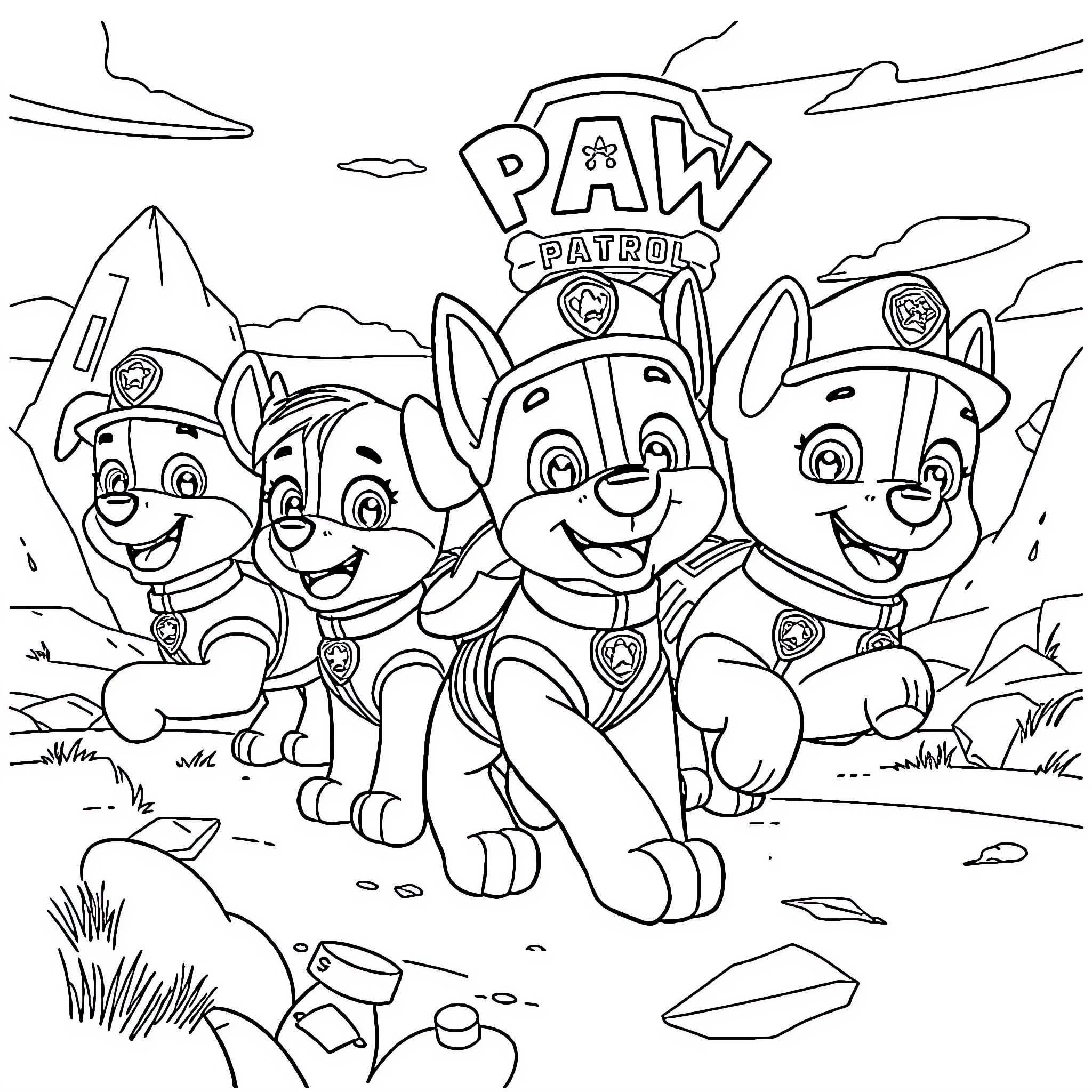 Paw Patrol Team on Adventure Mission Coloring Page (free black-and-white line drawing printable PDF for all, from beginners to advanced learners, including children, teens, adults, and seniors)