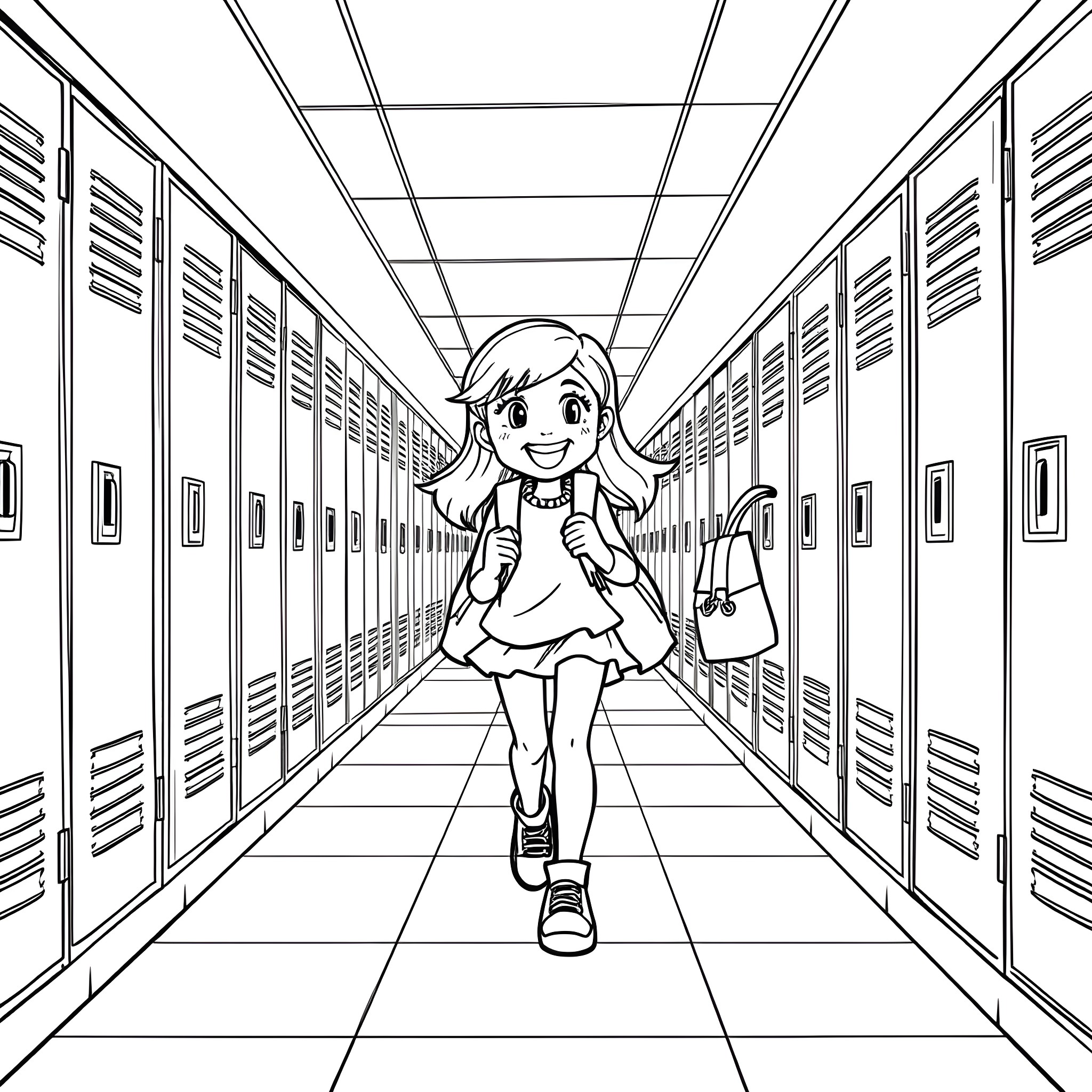Lizzie McGuire walking happily in the school hallway Coloring Page (free black-and-white line drawing printable PDF for all, from beginners to advanced learners, including children, teens, adults, and seniors)