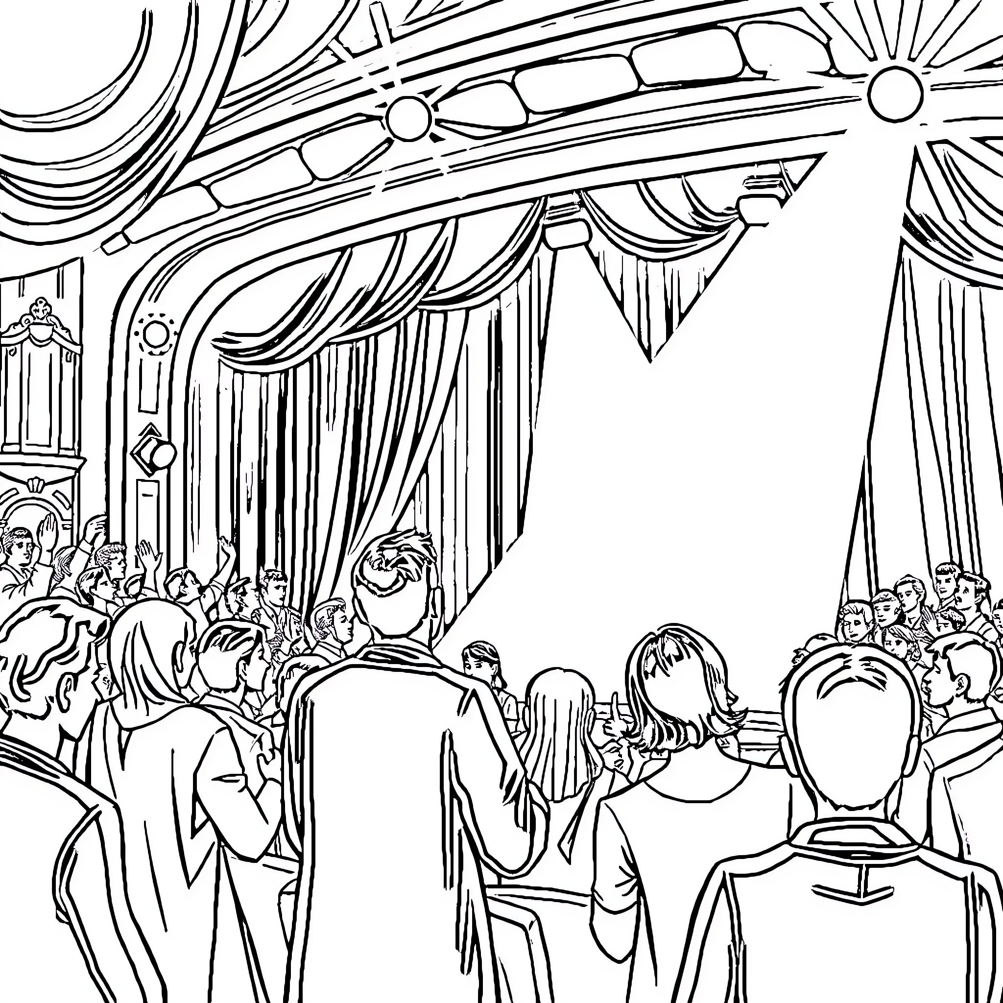 Theater Scene with Crowd and Performers Coloring Page (free black-and-white line drawing printable PDF for all, from beginners to advanced learners, including children, teens, adults, and seniors)
