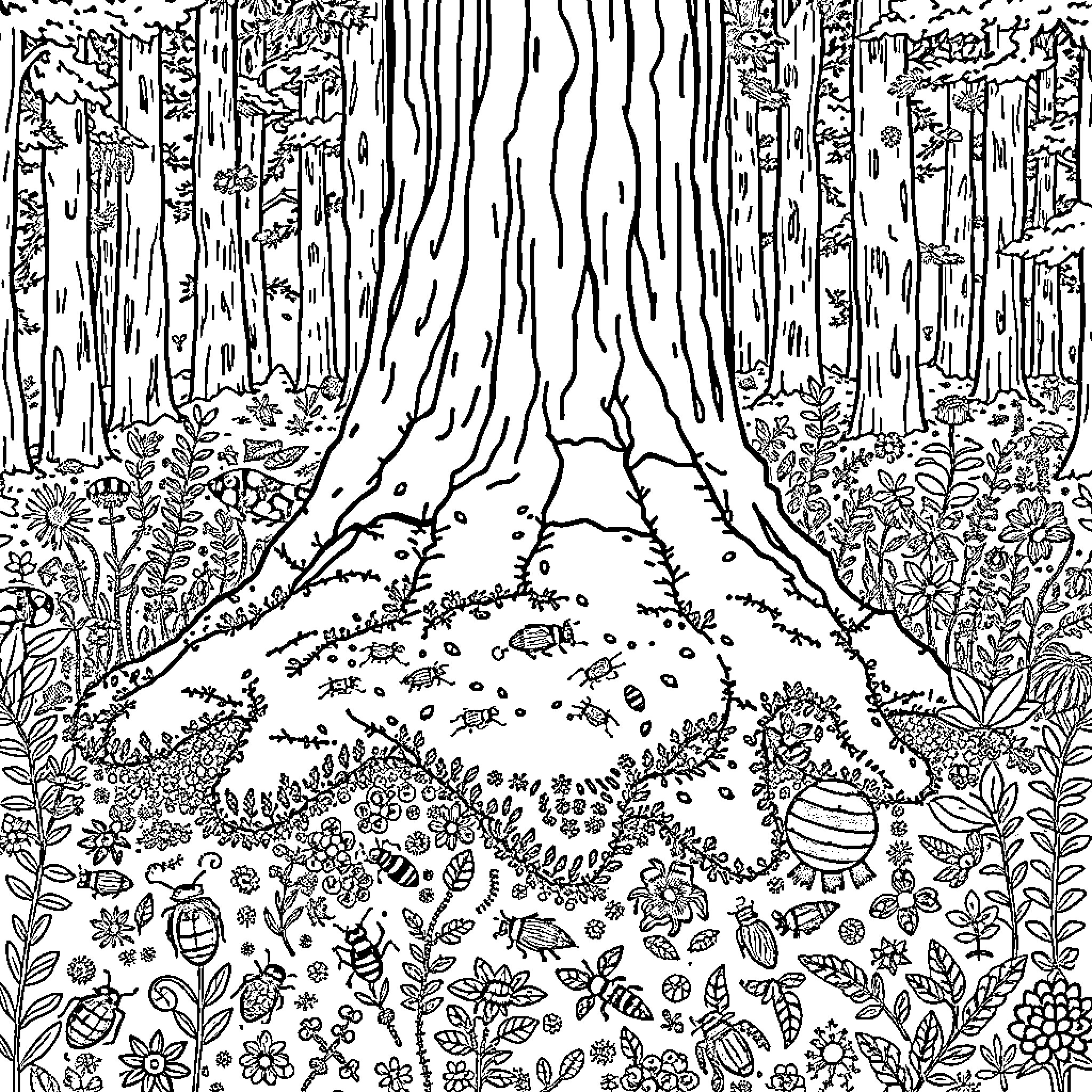 Forest Filled with Intricate Details and Vegetation Coloring Page (free black-and-white line drawing printable PDF for all, from beginners to advanced learners, including children, teens, adults, and seniors)