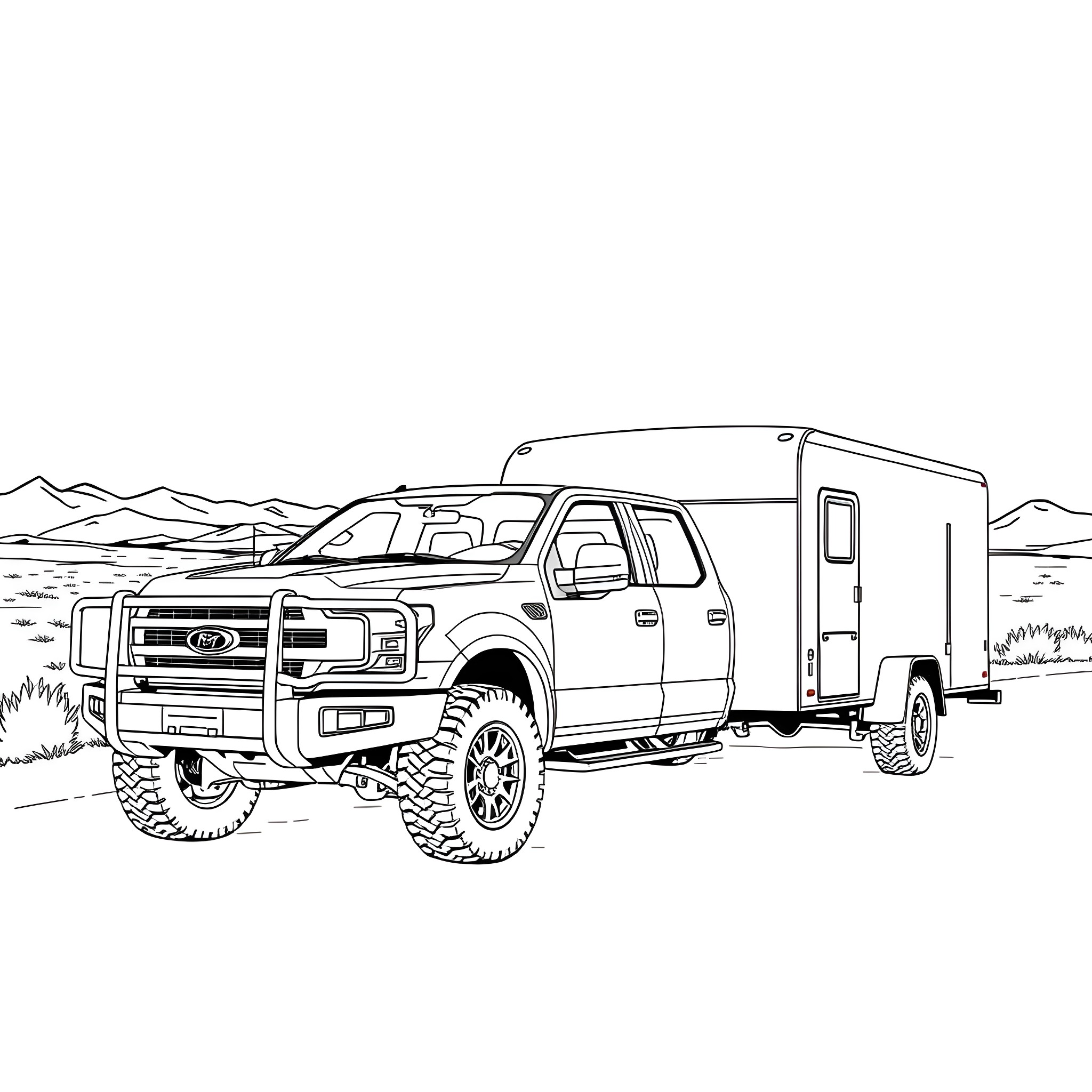 Pickup Truck Towing Camping Trailer in Scenic Outdoor Adventure Coloring Page (free black-and-white line drawing printable PDF for all, from beginners to advanced learners, including children, teens, adults, and seniors)