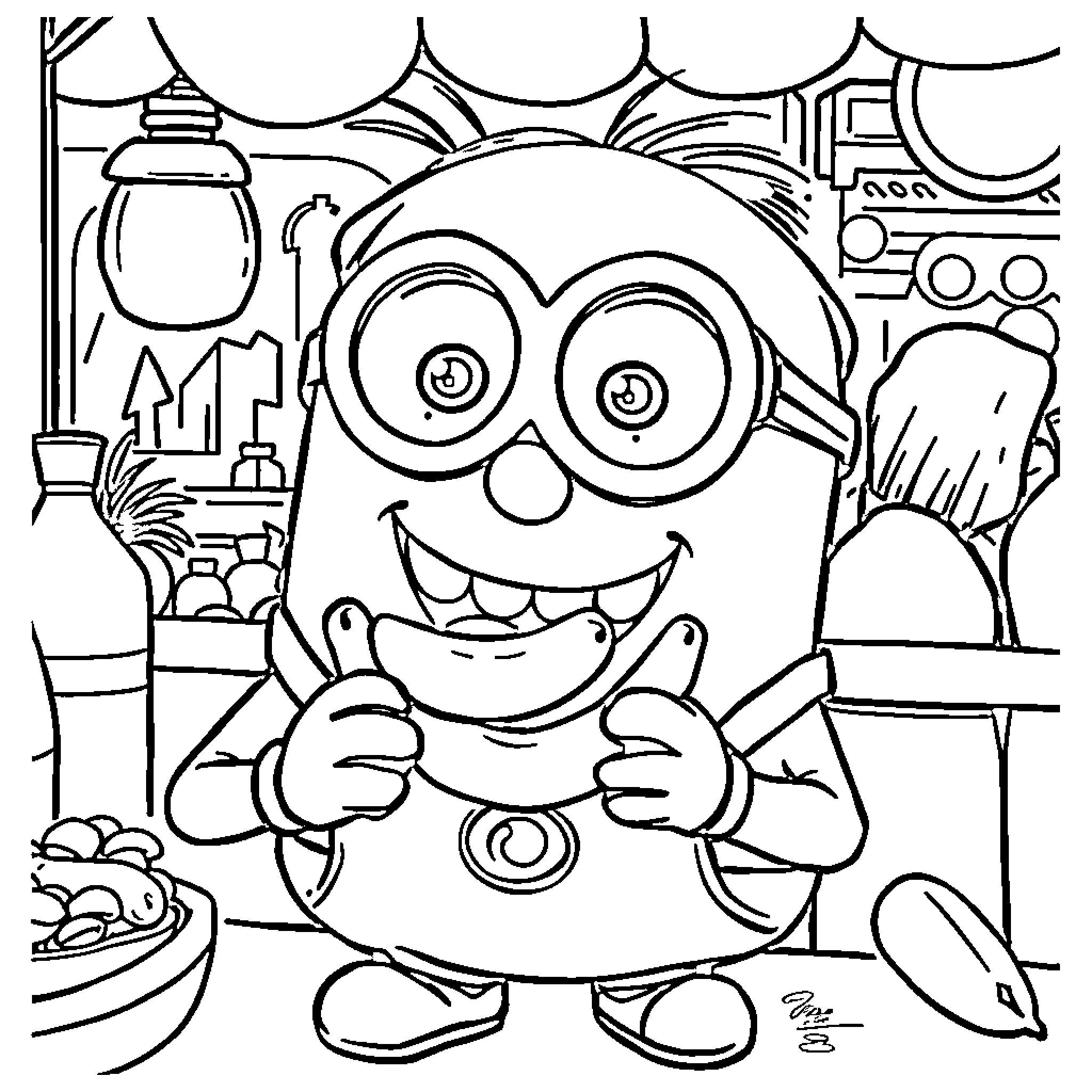 Minion enjoying a busy day in the kitchen Coloring Page (free black-and-white line drawing printable PDF for all, from beginners to advanced learners, including children, teens, adults, and seniors)