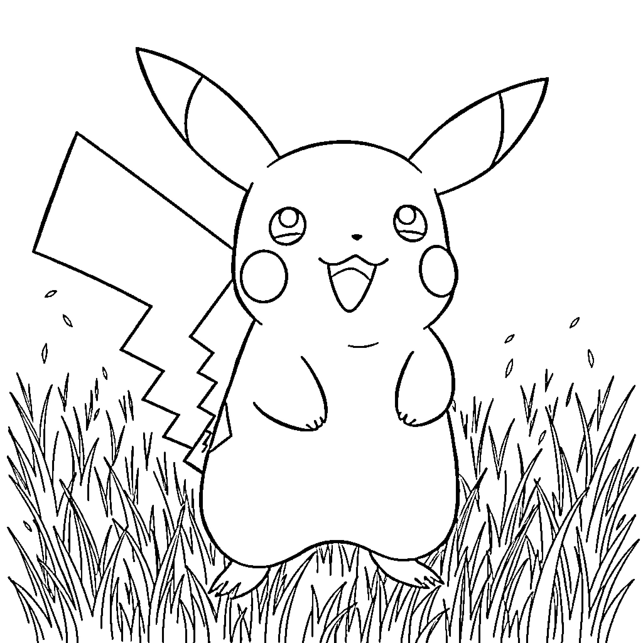Pikachu playing in the grass Coloring Page (free black-and-white line drawing printable PDF for all, from beginners to advanced learners, including children, teens, adults, and seniors)