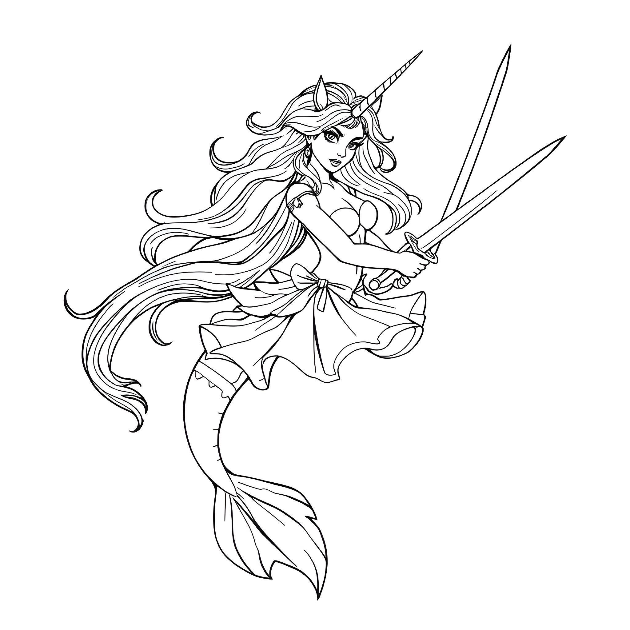 Unicorn warrior mermaid wielding trident and sword Coloring Page (free black-and-white line drawing printable PDF for all, from beginners to advanced learners, including children, teens, adults, and seniors)