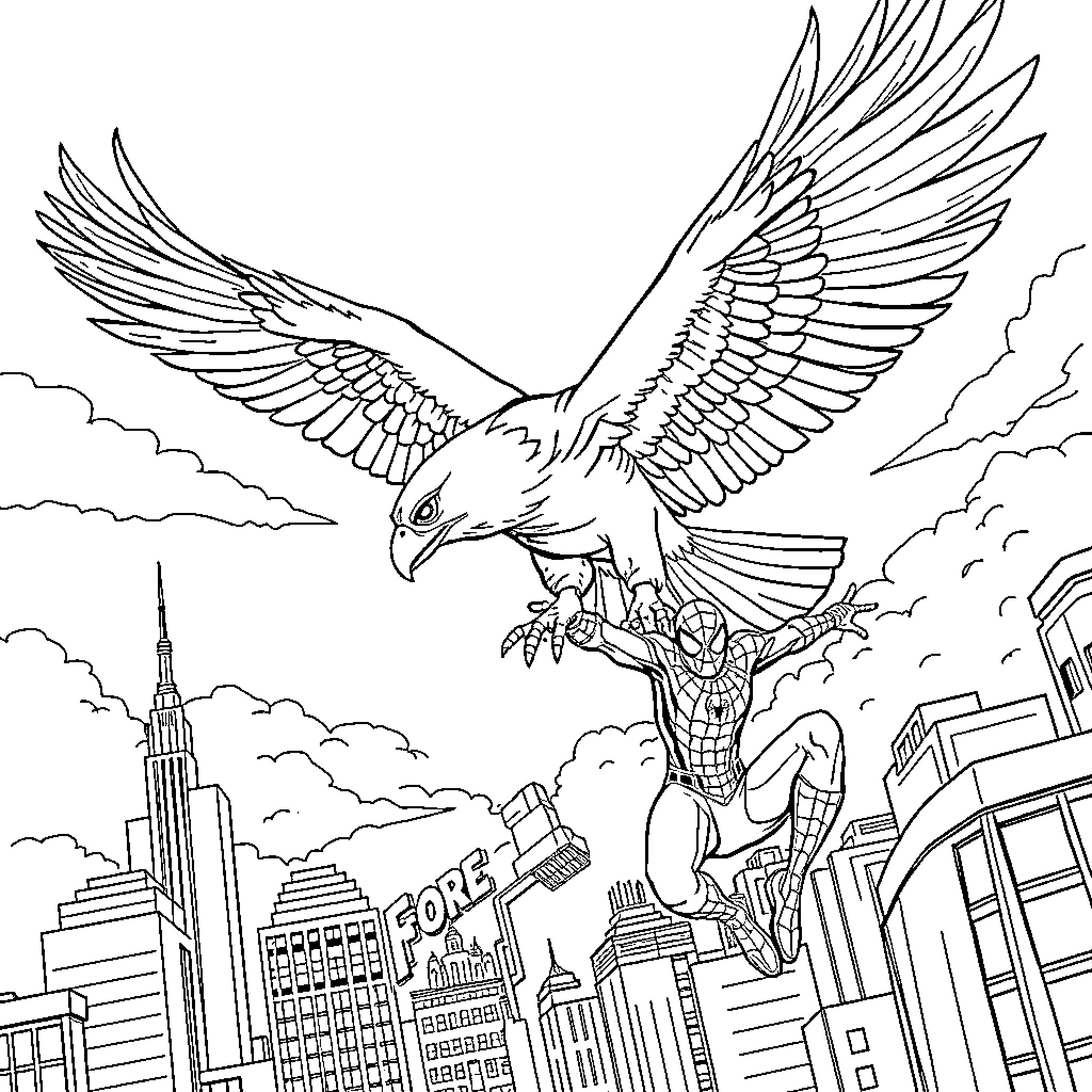 Eagle soaring over a cityscape Coloring Page (free black-and-white line drawing printable PDF for all, from beginners to advanced learners, including children, teens, adults, and seniors)