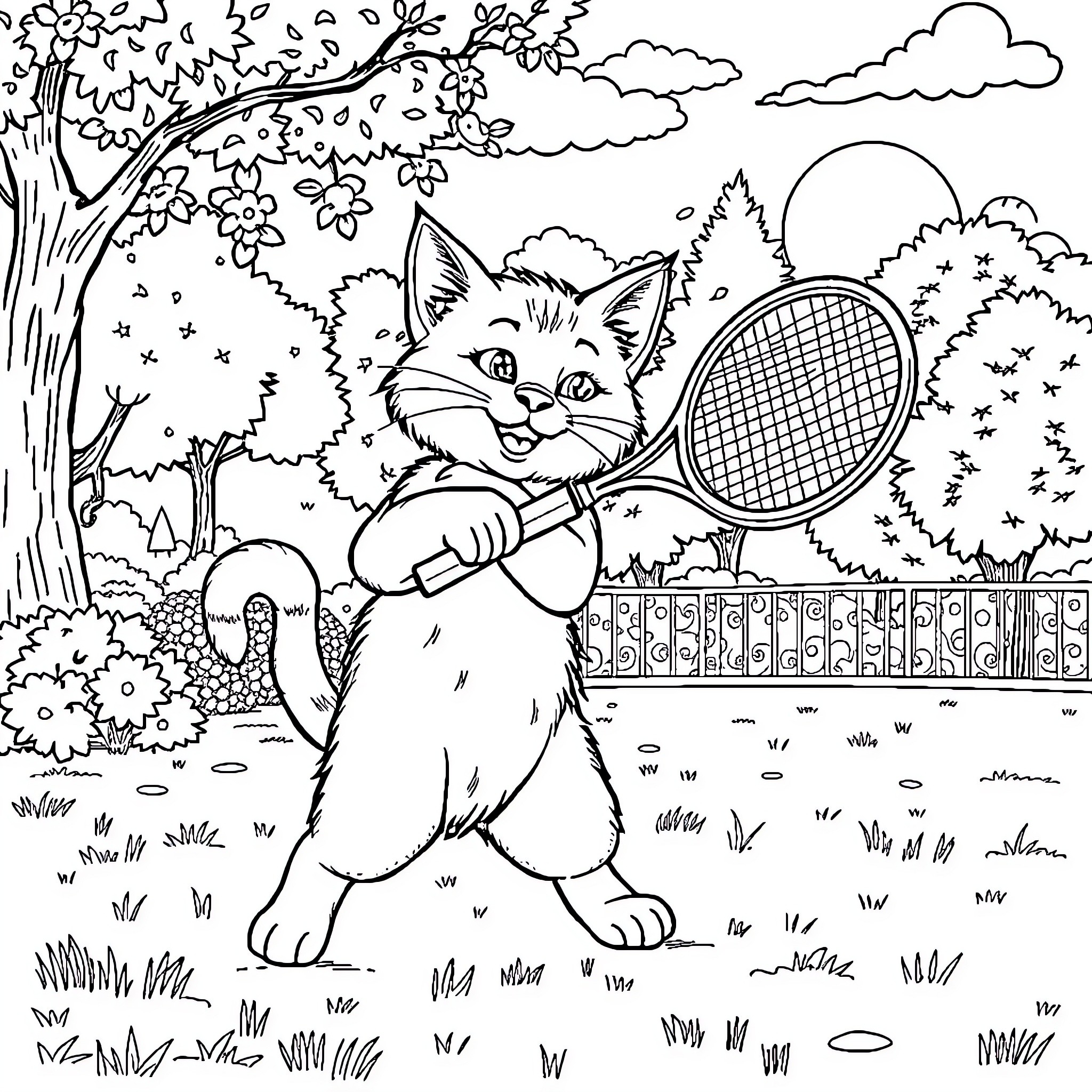 Cat playing tennis in the park Coloring Page (free black-and-white line drawing printable PDF for all, from beginners to advanced learners, including children, teens, adults, and seniors)