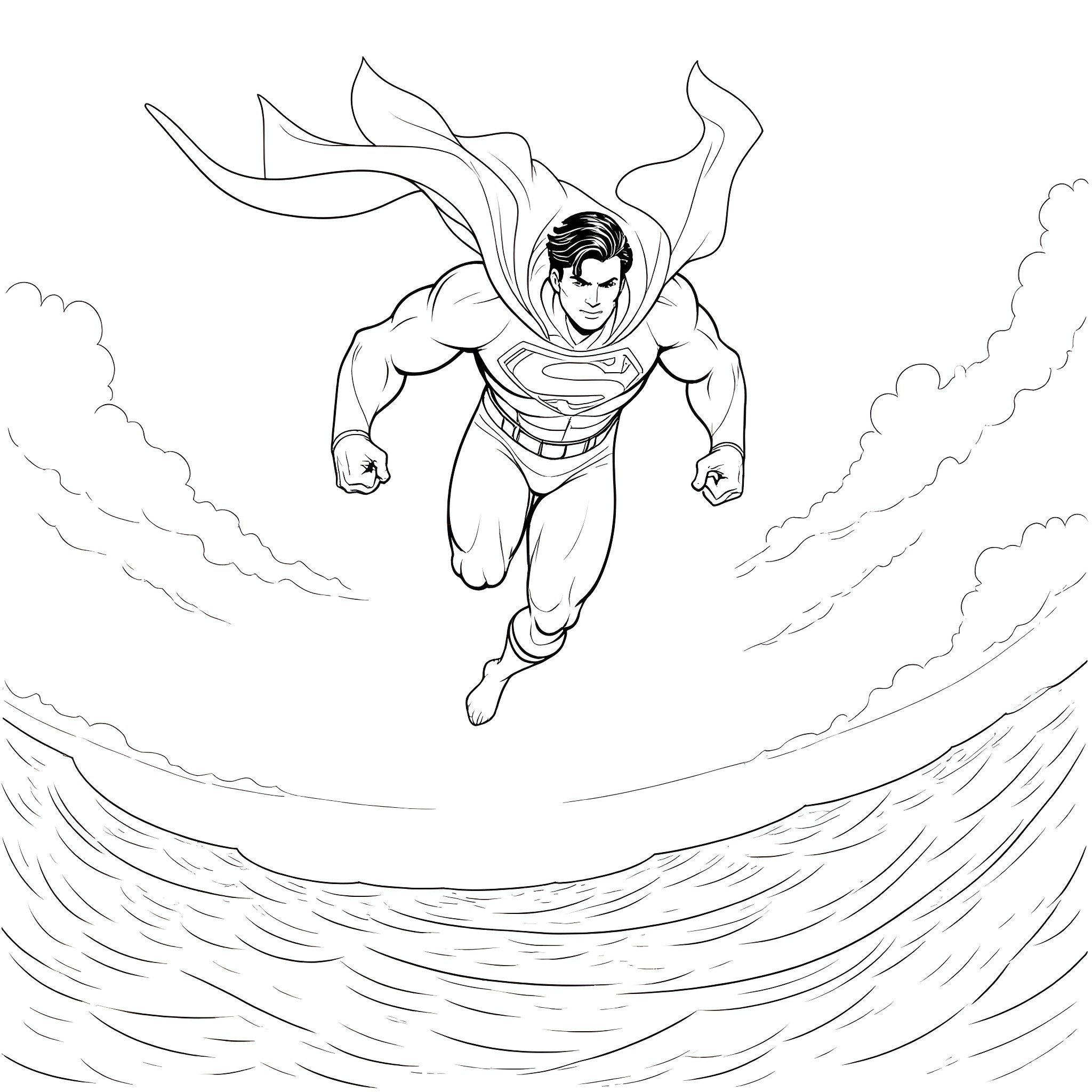 Superman soaring through the clouds Coloring Page (free black-and-white line drawing printable PDF for all, from beginners to advanced learners, including children, teens, adults, and seniors)