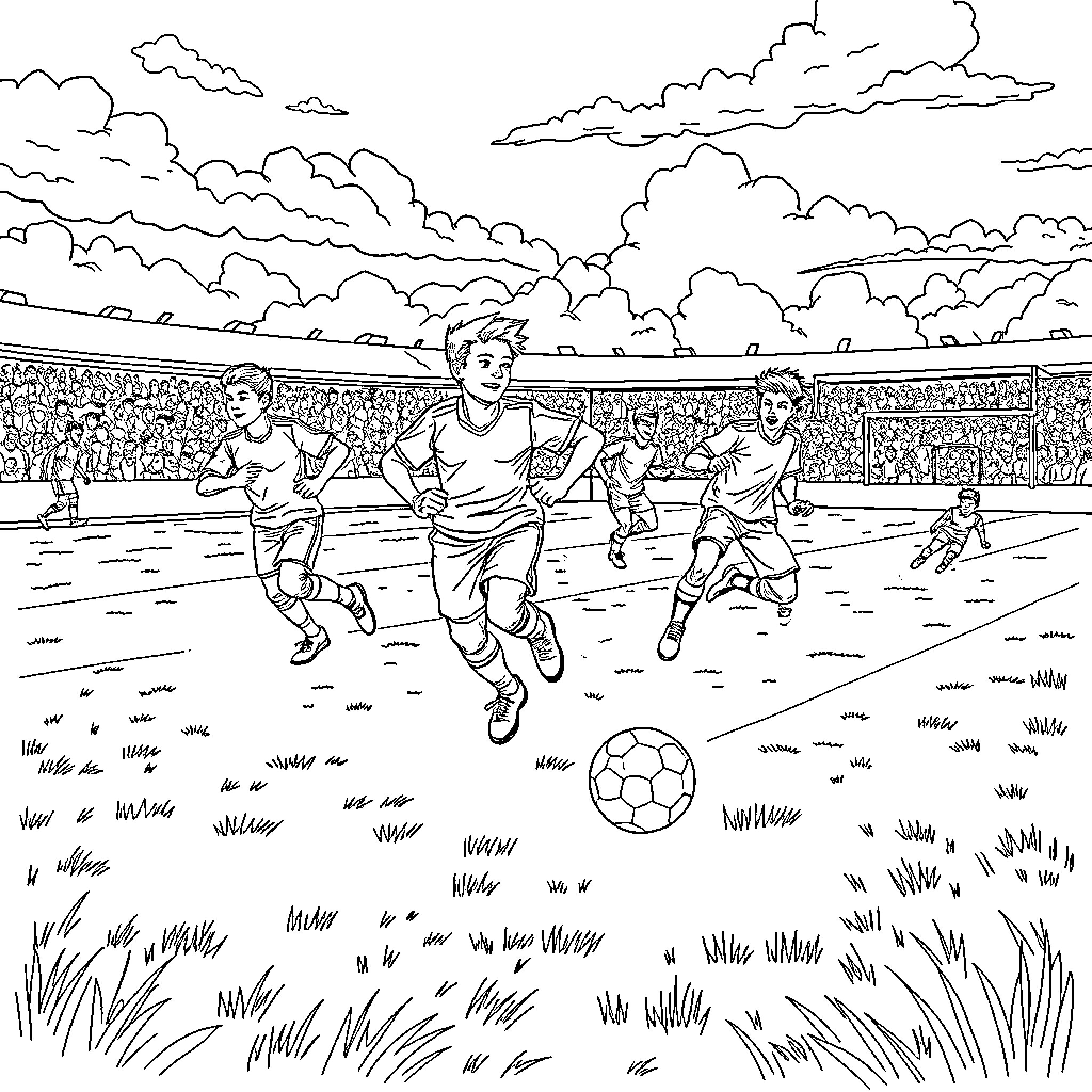 Football players competing in a dynamic game Coloring Page (free black-and-white line drawing printable PDF for all, from beginners to advanced learners, including children, teens, adults, and seniors)