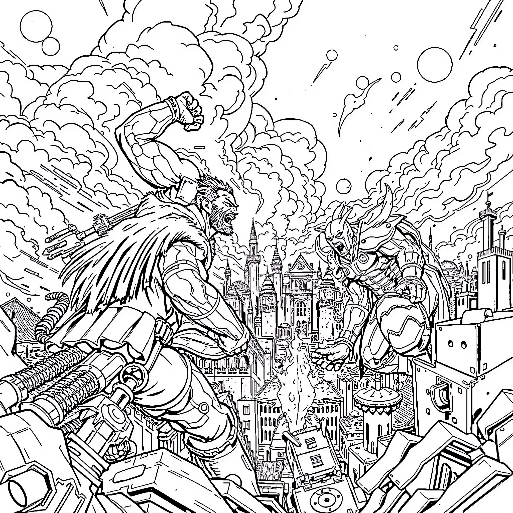 Titan Battle Across the Cityscape Coloring Page (free black-and-white line drawing printable PDF for all, from beginners to advanced learners, including children, teens, adults, and seniors)