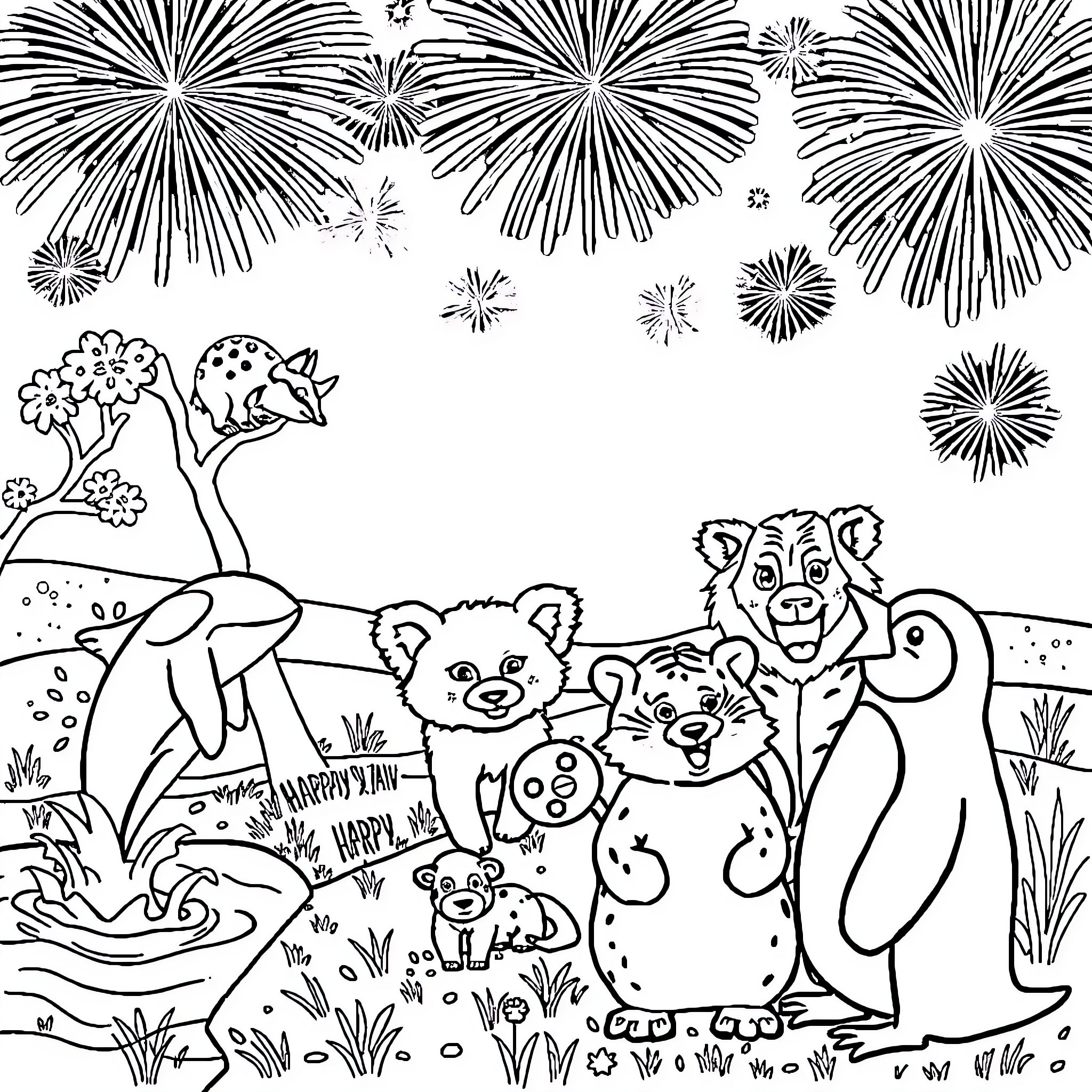 Orca celebrations with animal friends in the wild Coloring Page (free black-and-white line drawing printable PDF for all, from beginners to advanced learners, including children, teens, adults, and seniors)