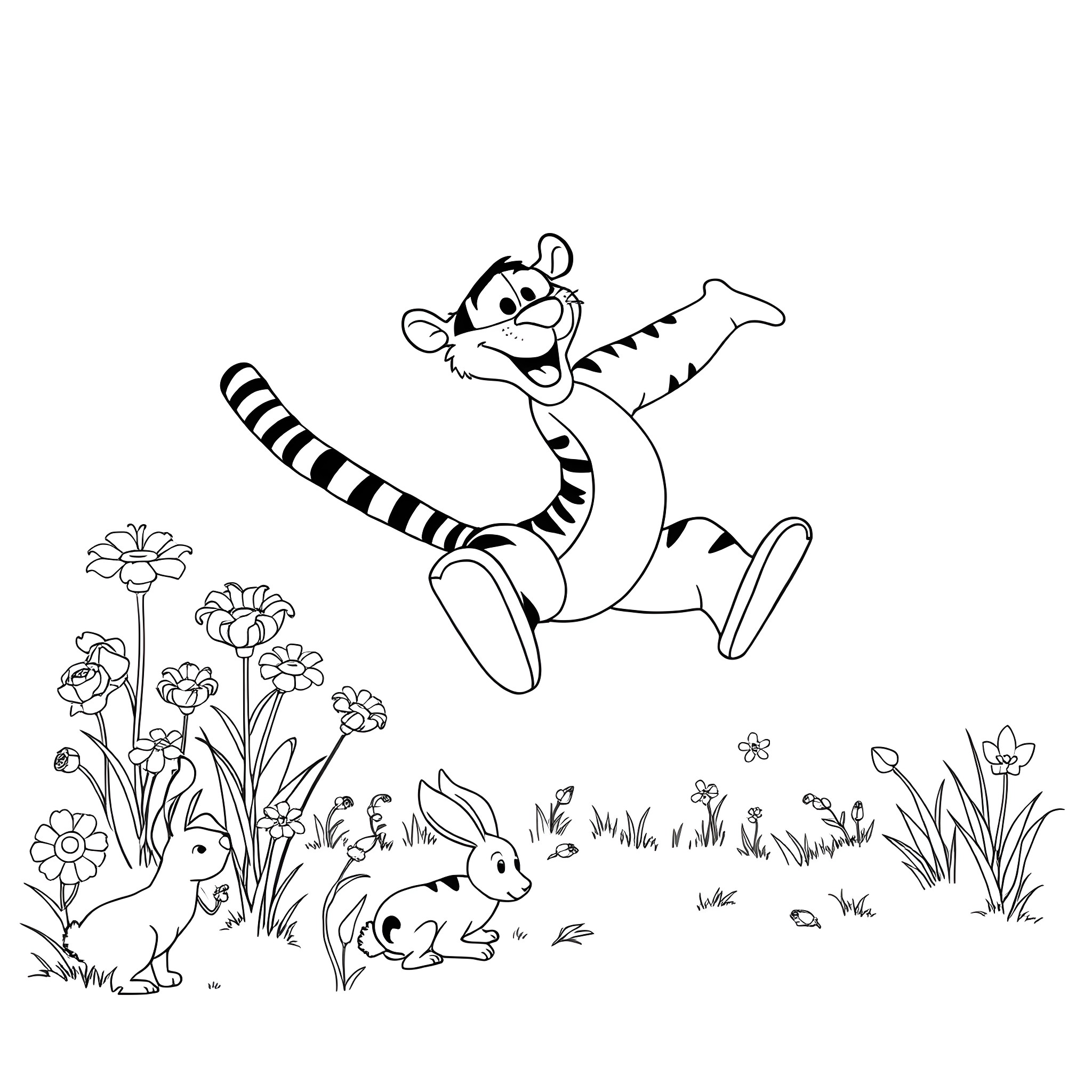 Tigger bouncing happily in a flower garden Coloring Page (free black-and-white line drawing printable PDF for all, from beginners to advanced learners, including children, teens, adults, and seniors)