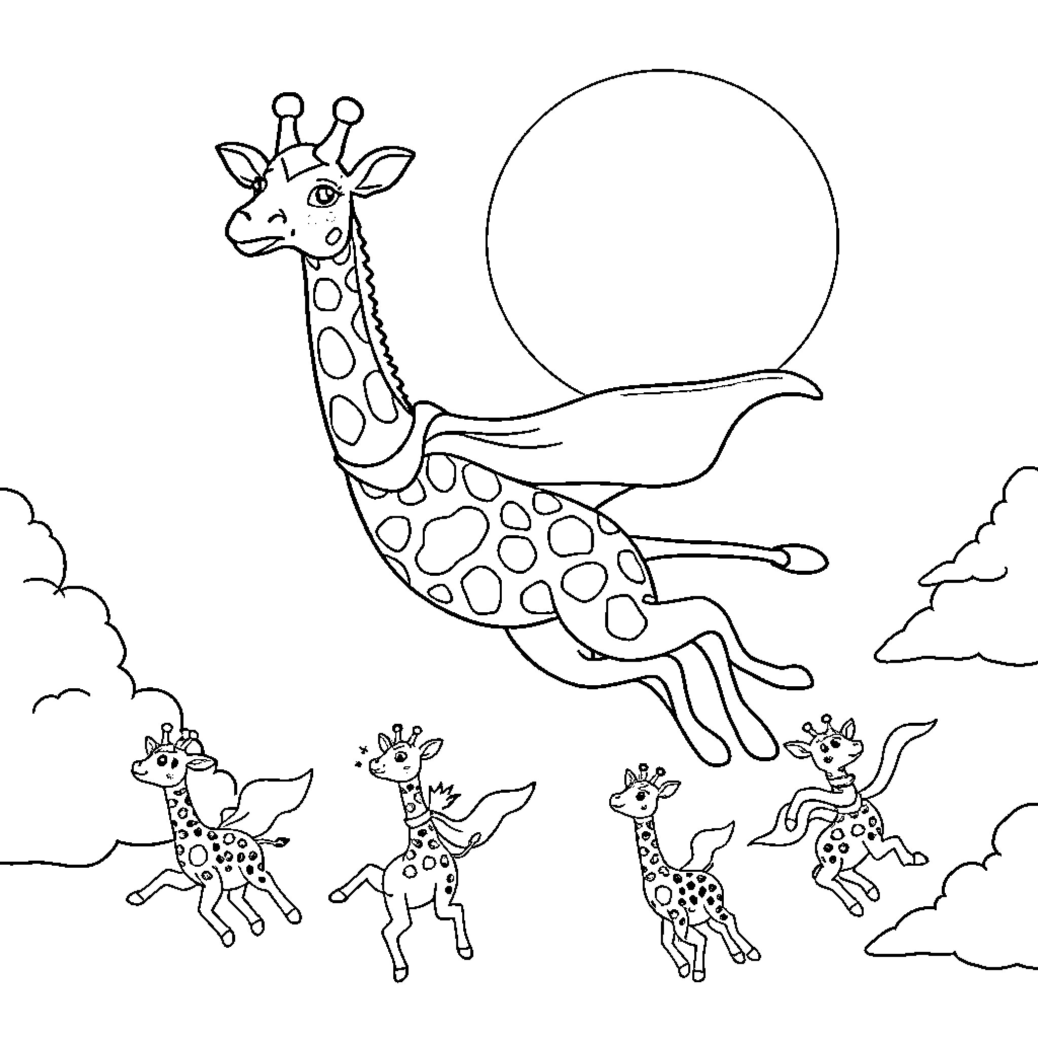 Giraffe leaping through the clouds with friends Coloring Page (free black-and-white line drawing printable PDF for all, from beginners to advanced learners, including children, teens, adults, and seniors)