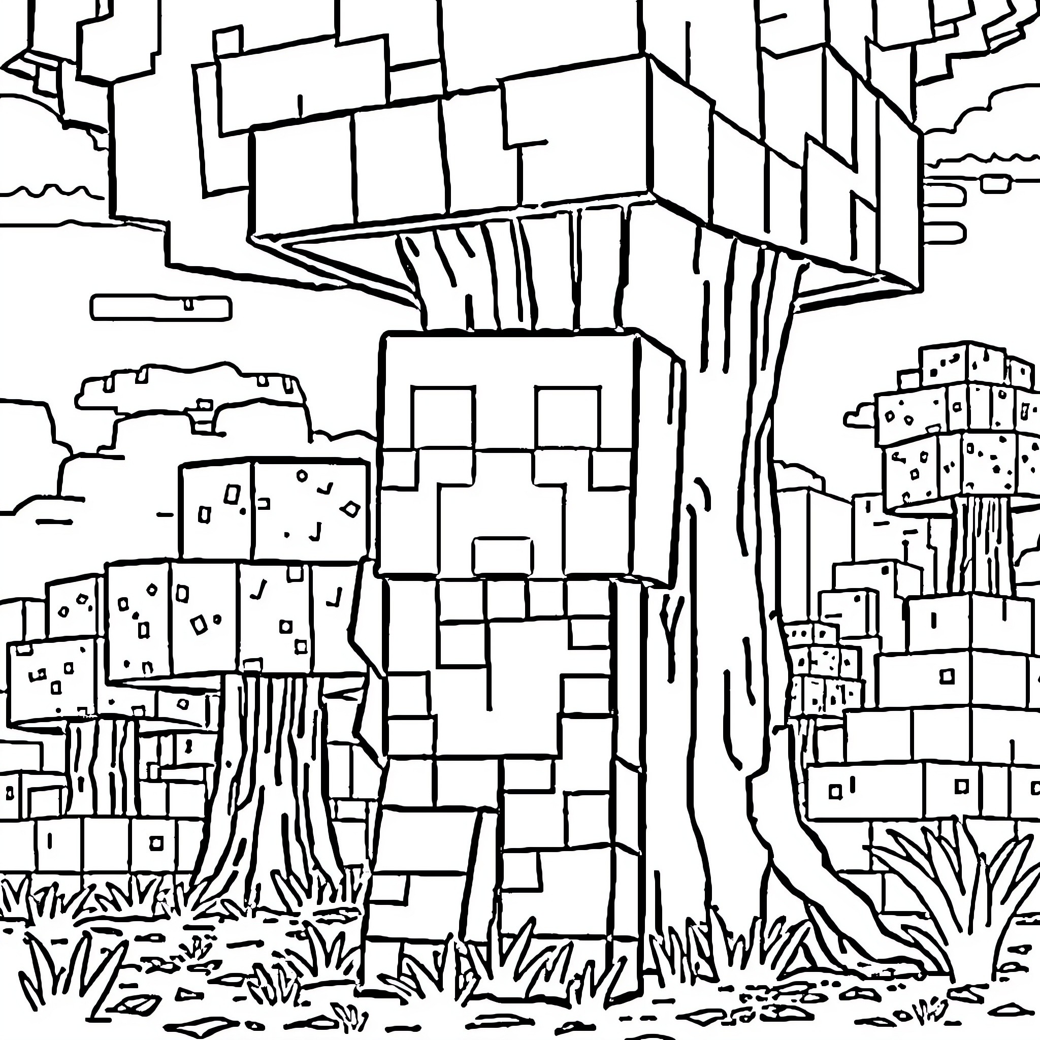 Creeper lurking in a blocky landscape Coloring Page (free black-and-white line drawing printable PDF for all, from beginners to advanced learners, including children, teens, adults, and seniors)