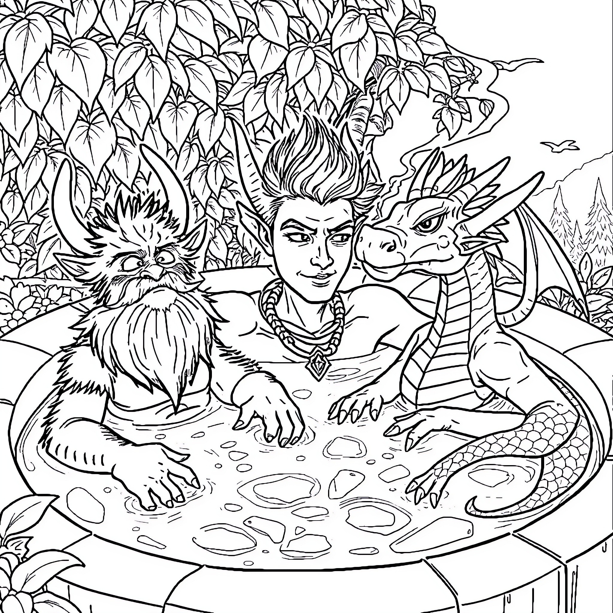 Gnoll Creature Companions in Fantastical Landscape Coloring Page (free black-and-white line drawing printable PDF for all, from beginners to advanced learners, including children, teens, adults, and seniors)