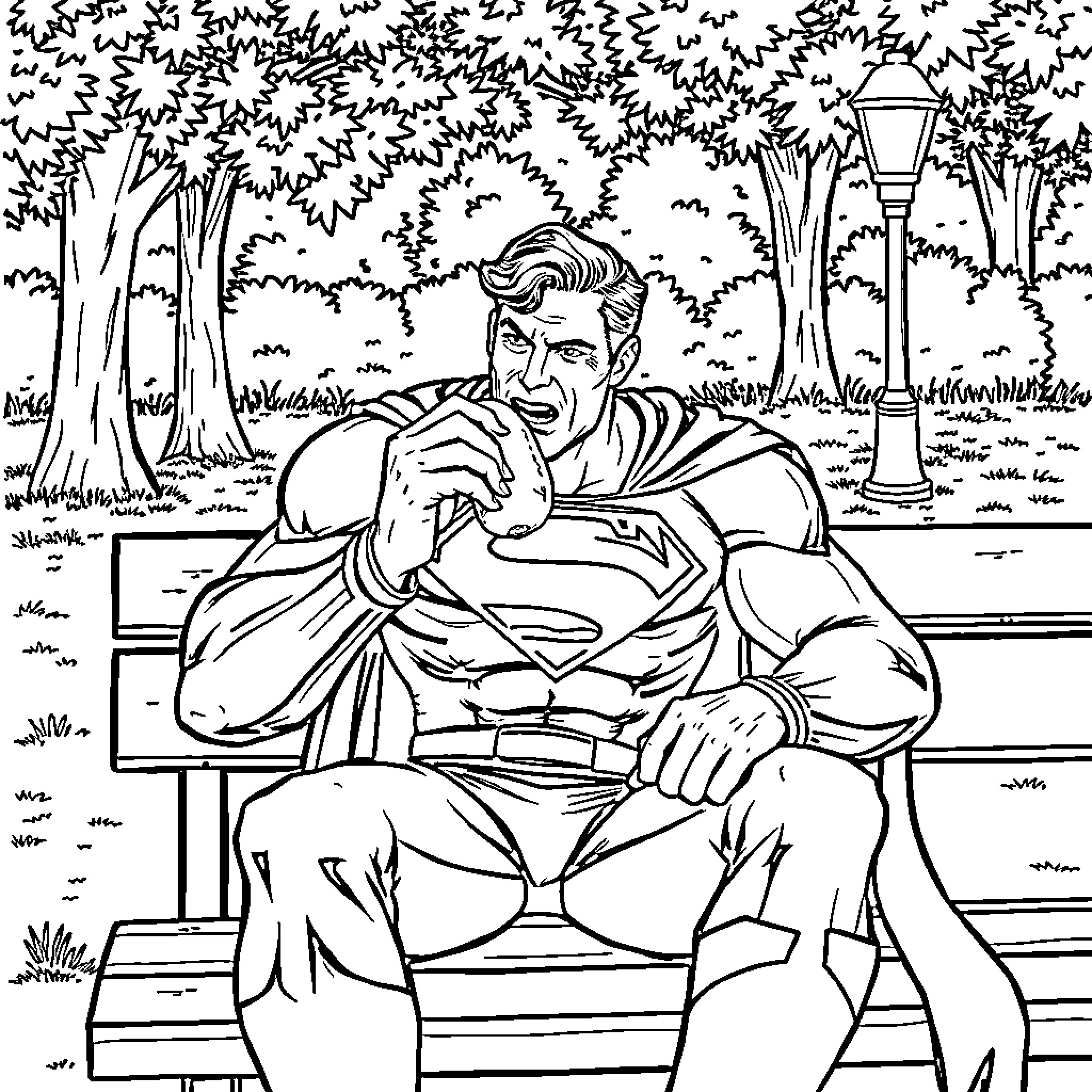 Superman resting on a park bench Coloring Page (free black-and-white line drawing printable PDF for all, from beginners to advanced learners, including children, teens, adults, and seniors)