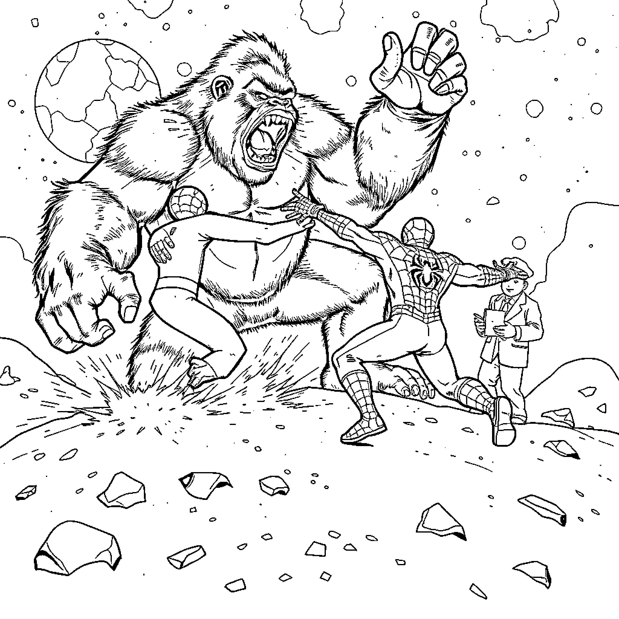 Spiderman confronting a giant ape-like creature Coloring Page (free black-and-white line drawing printable PDF for all, from beginners to advanced learners, including children, teens, adults, and seniors)