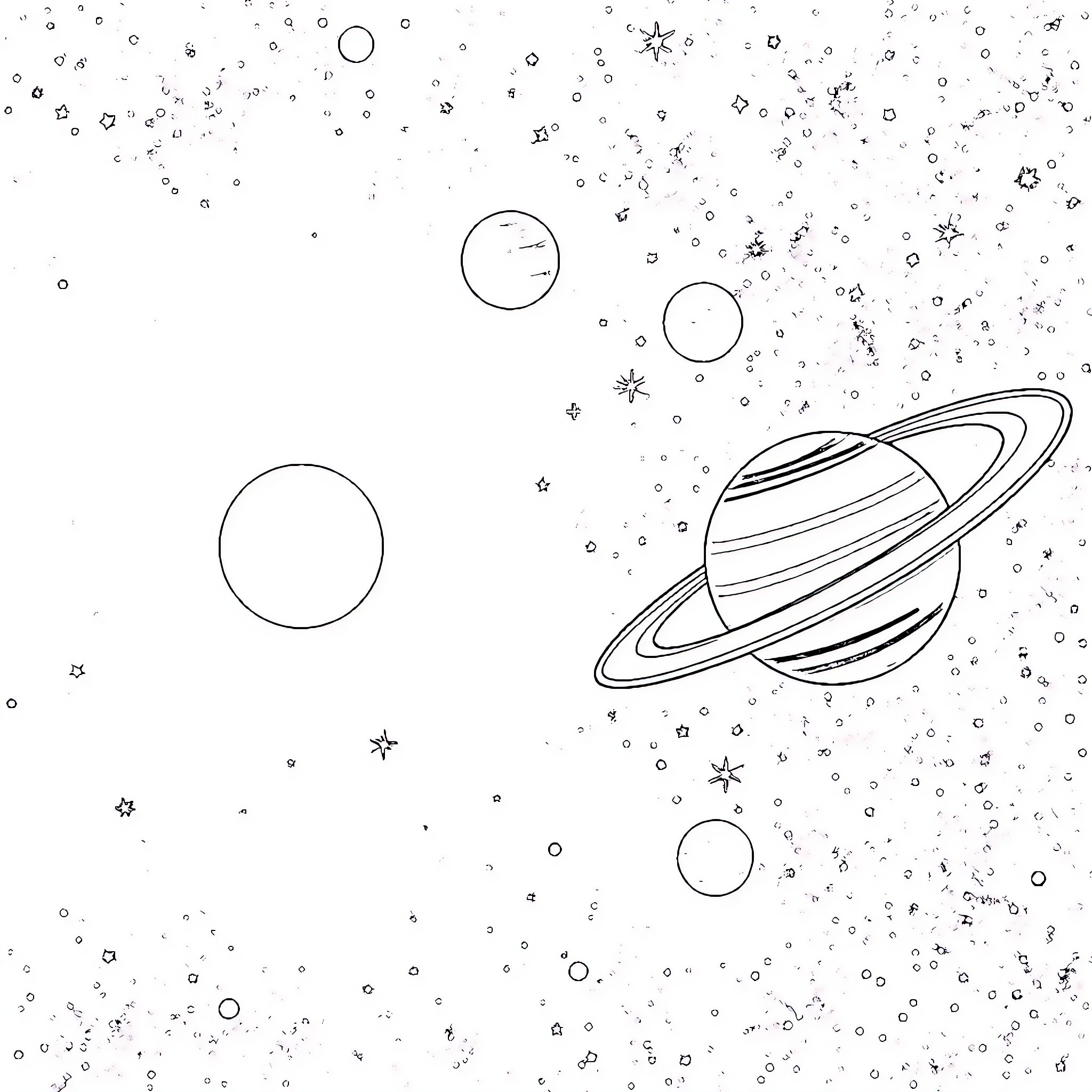 Solar System with Planetary Exploration Coloring Page (free black-and-white line drawing printable PDF for all, from beginners to advanced learners, including children, teens, adults, and seniors)