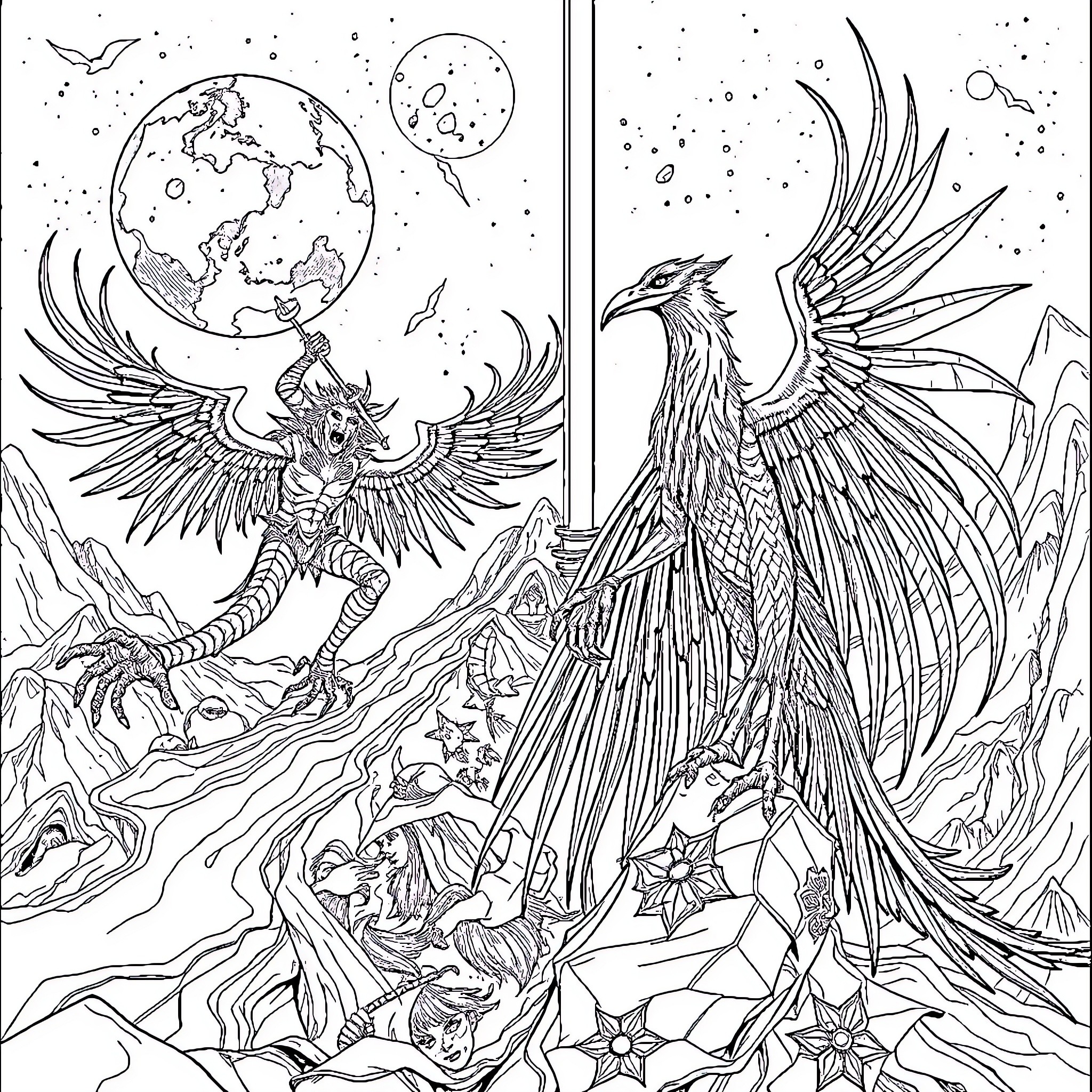 Cycle of Mythical Creatures in Cosmic Landscape Coloring Page (free black-and-white line drawing printable PDF for all, from beginners to advanced learners, including children, teens, adults, and seniors)