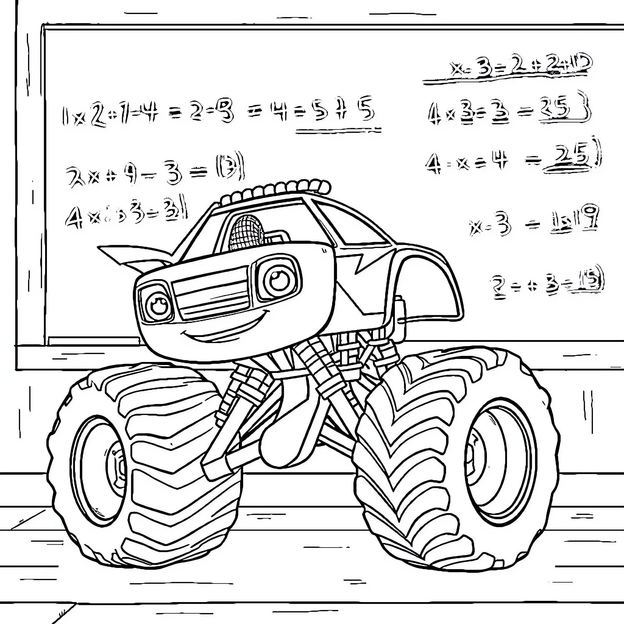 Blaze solving mathematical equations on monster truck Coloring Page (free black-and-white line drawing printable PDF for all, from beginners to advanced learners, including children, teens, adults, and seniors)