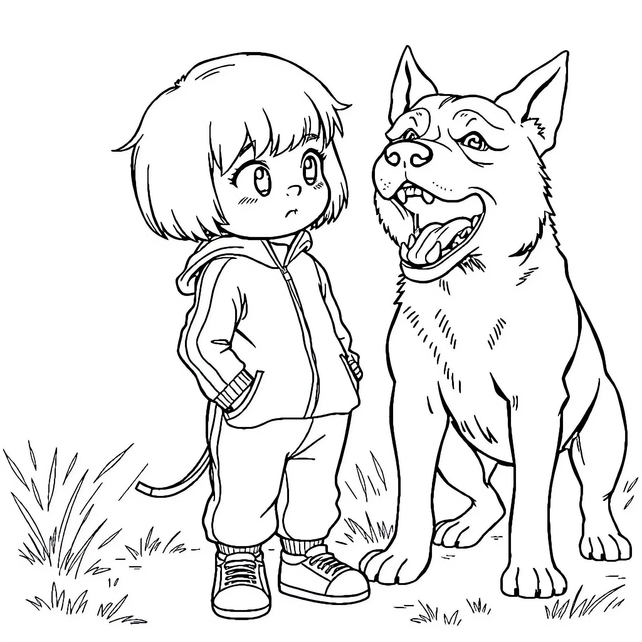 Girl and her loyal dog exploring the outdoors Coloring Page (free black-and-white line drawing printable PDF for all, from beginners to advanced learners, including children, teens, adults, and seniors)