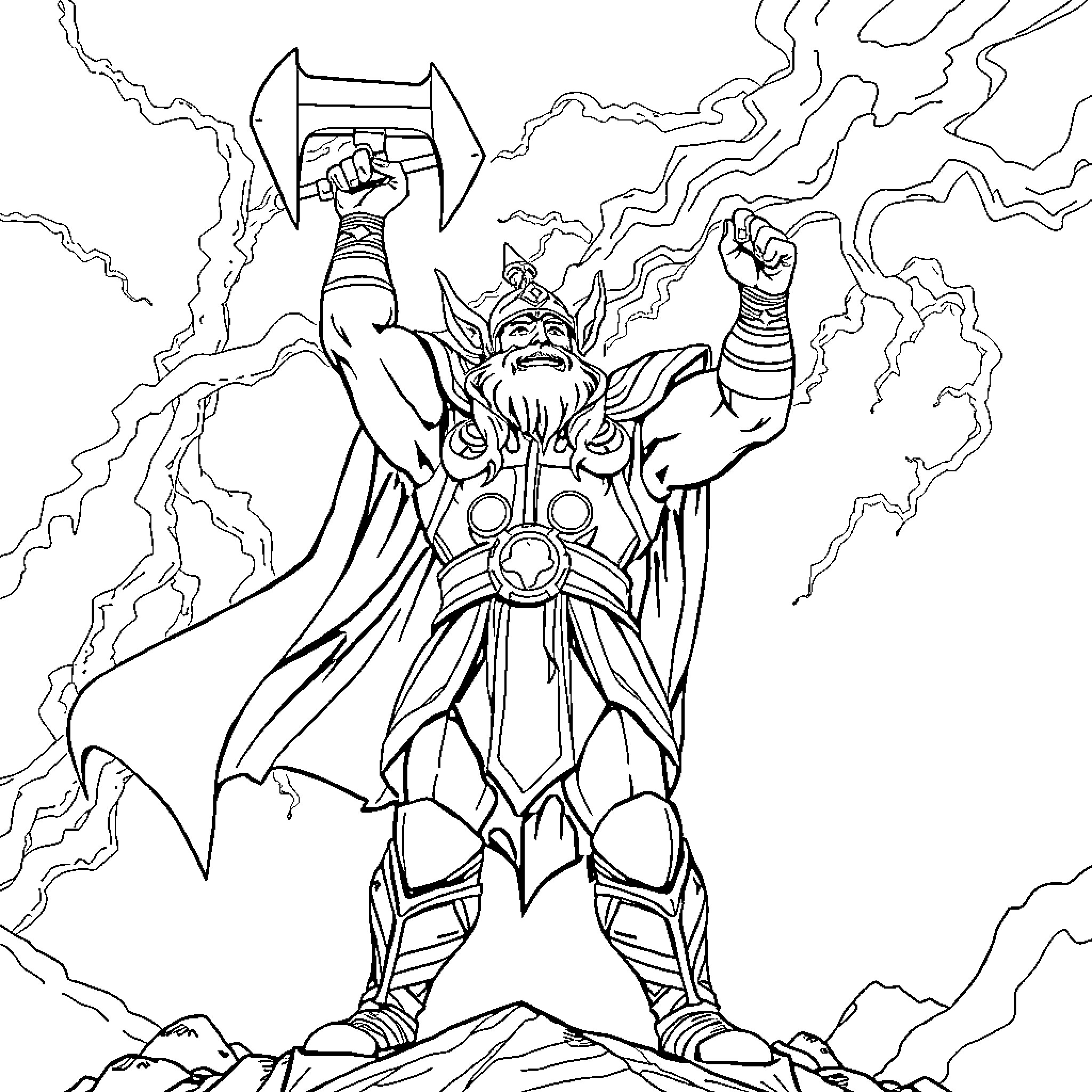 Thor Unleashing Mighty Power in Storm Coloring Page (free black-and-white line drawing printable PDF for all, from beginners to advanced learners, including children, teens, adults, and seniors)