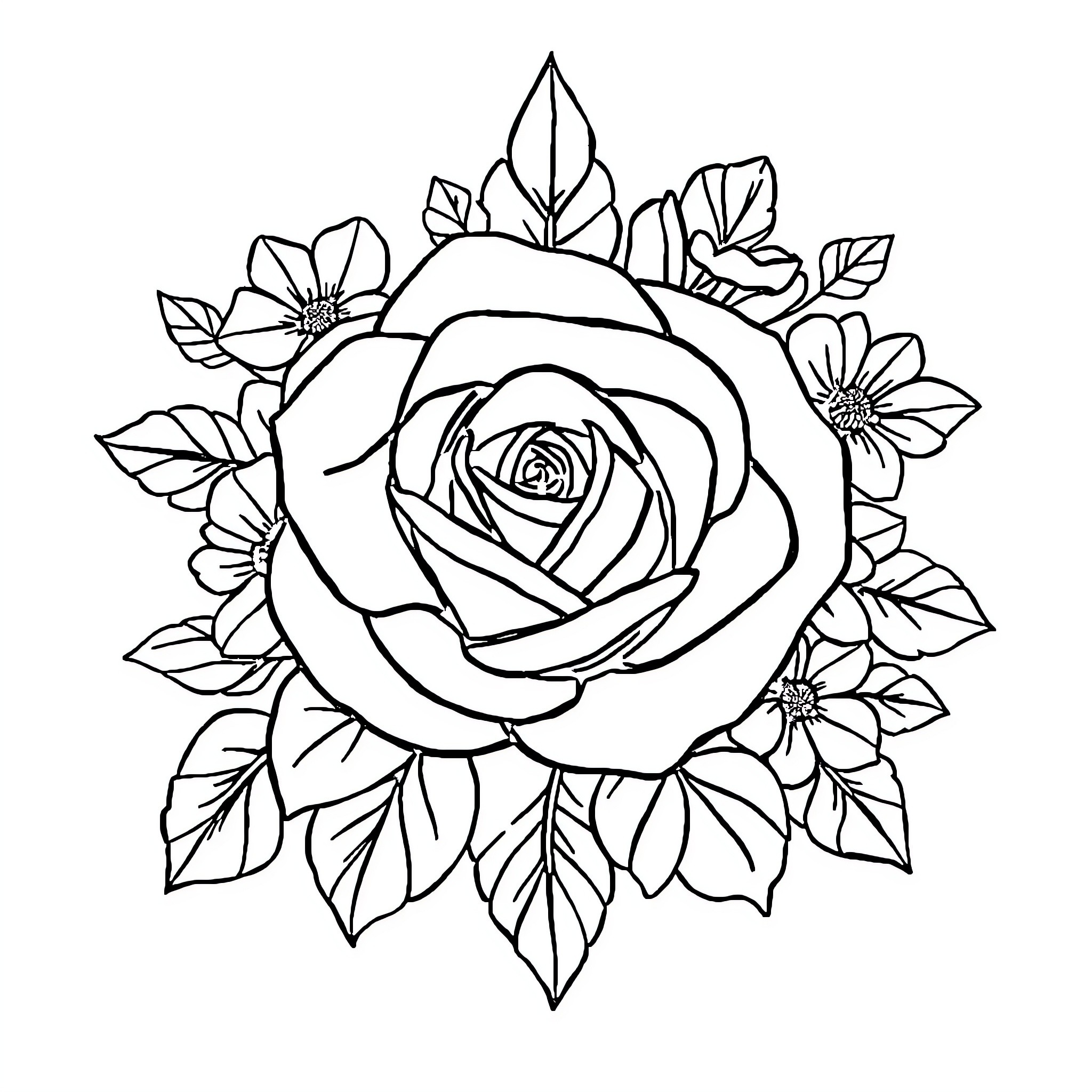 Logo of a rose surrounded by floral design Coloring Page (free black-and-white line drawing printable PDF for all, from beginners to advanced learners, including children, teens, adults, and seniors)
