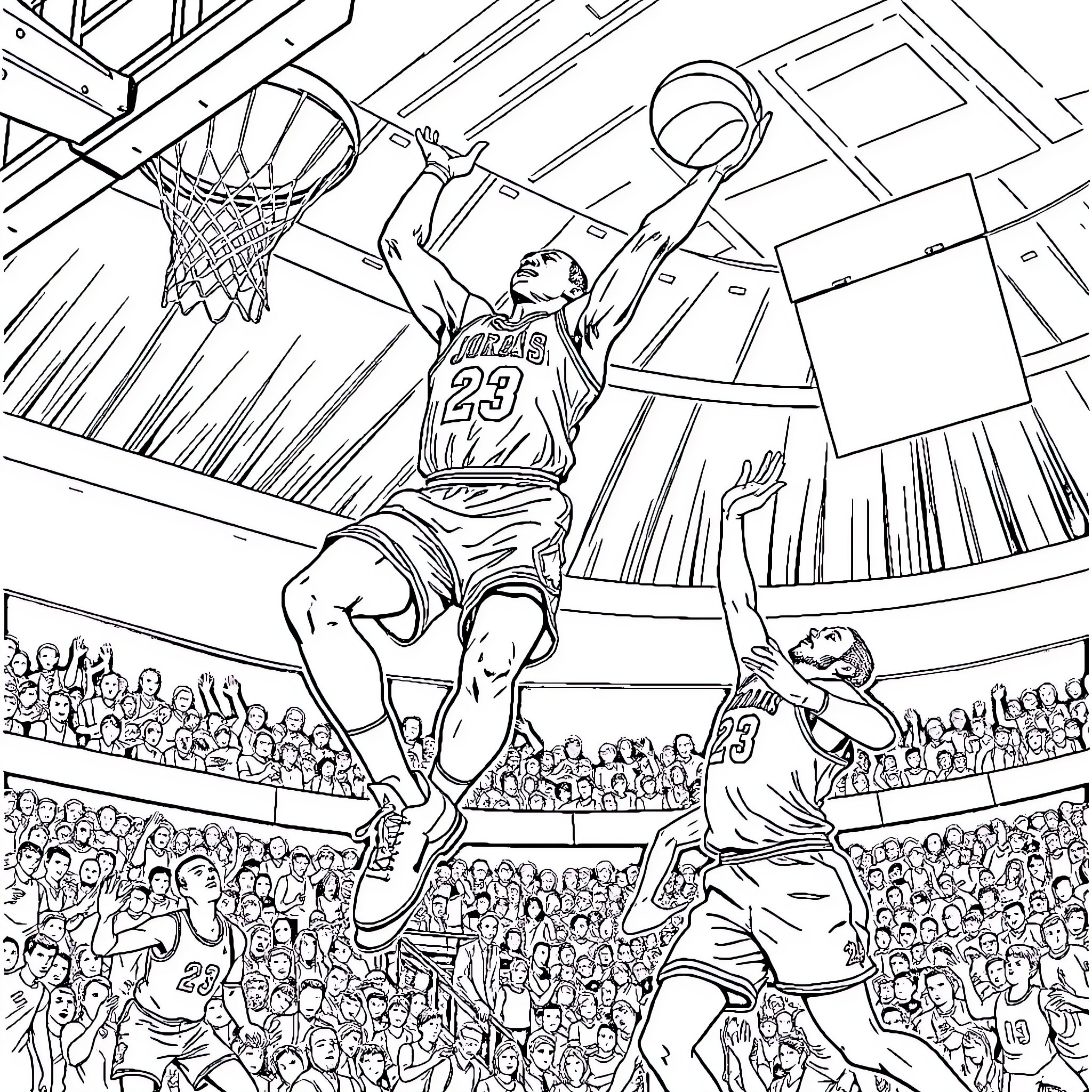 Michael Jordan Dunking in a Basketball Game Coloring Page (free black-and-white line drawing printable PDF for all, from beginners to advanced learners, including children, teens, adults, and seniors)